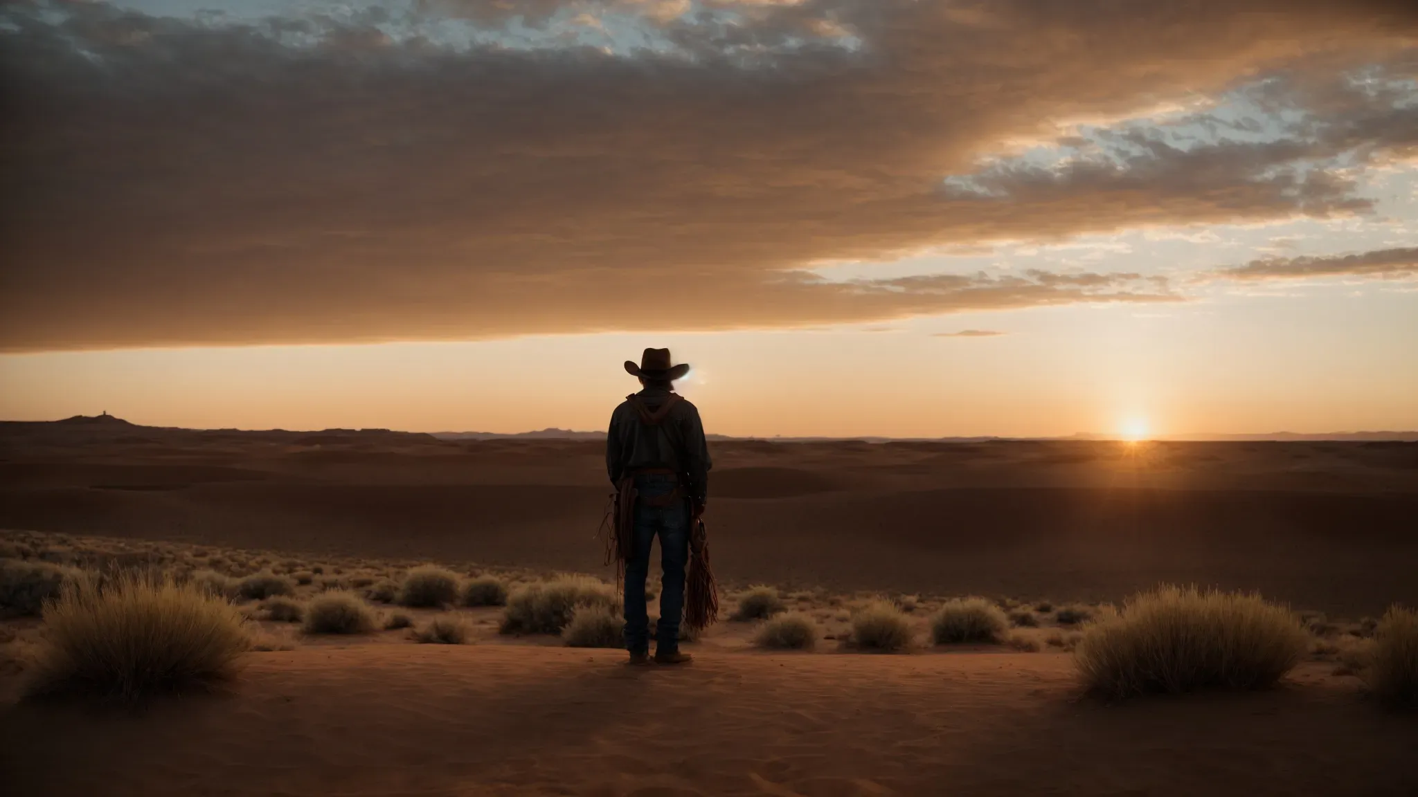 a lone cowboy stands silhouetted against a vast desert sunset, embodying the essence of spaghetti western cinema.