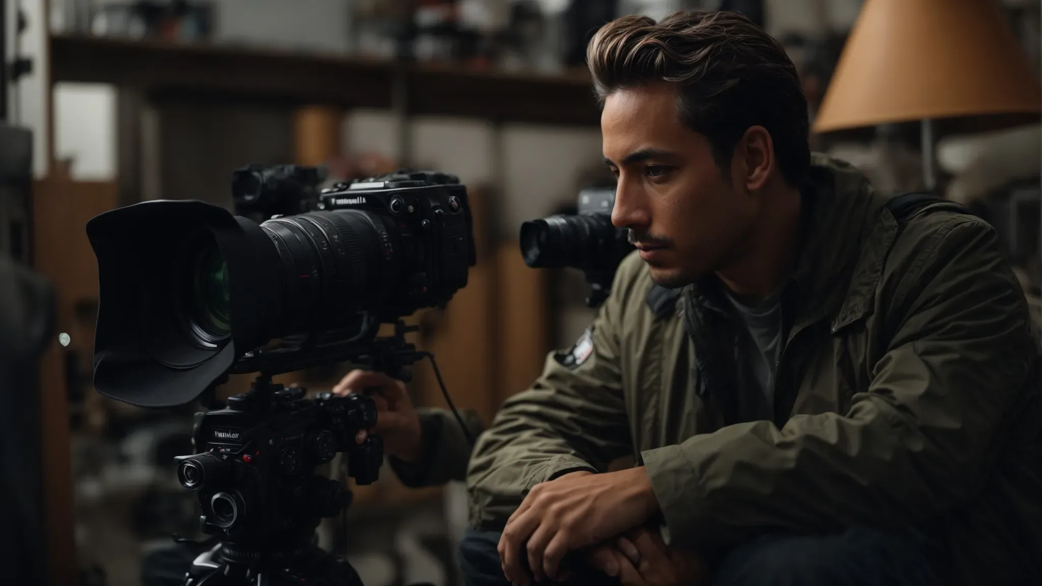 a filmmaker thoughtfully examines a camera on a tripod, contemplating the balance between quality and cost.