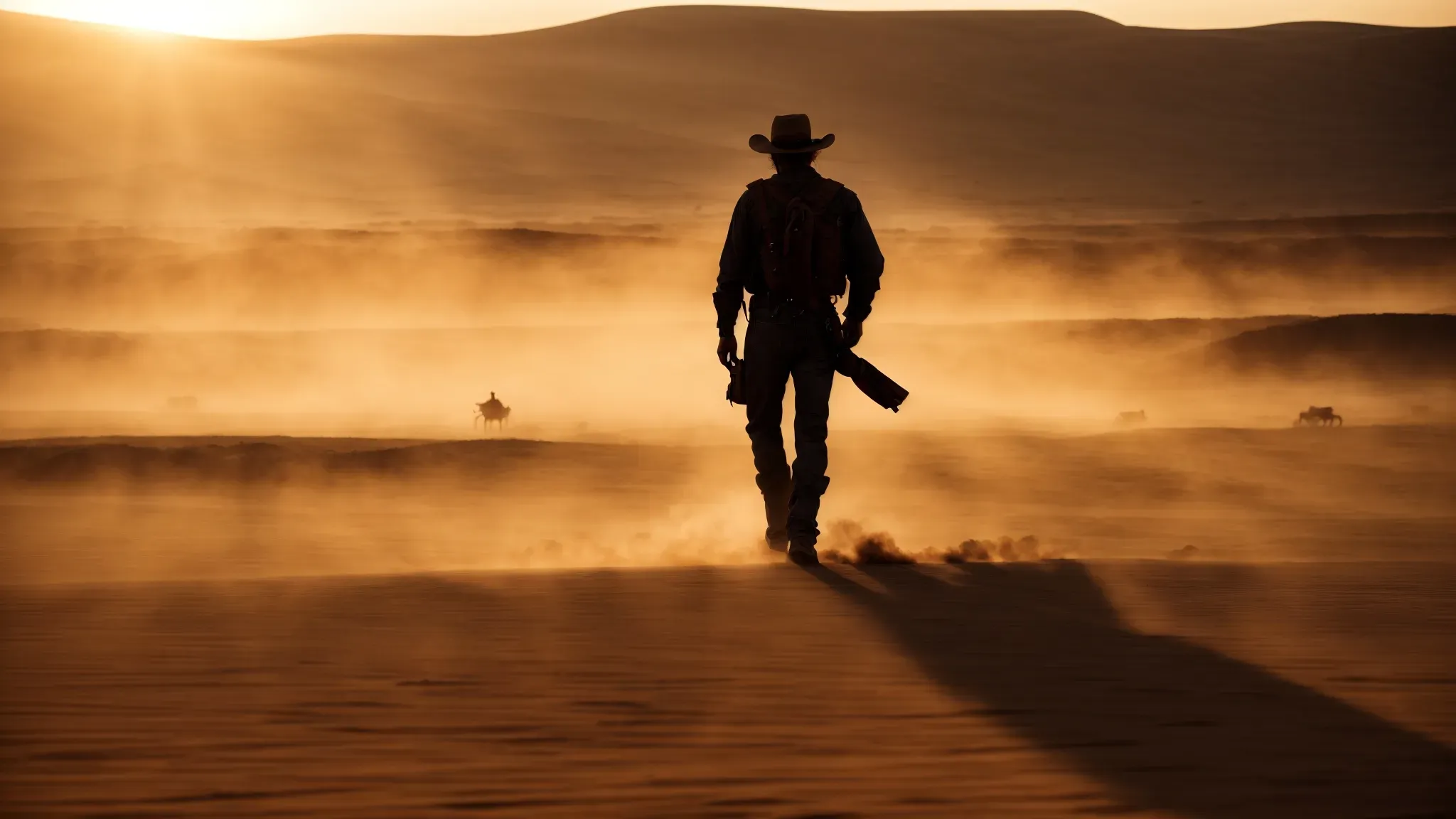 a cowboy silhouetted against a setting sun, his figure casting a long shadow over a deserted, dusty landscape.
