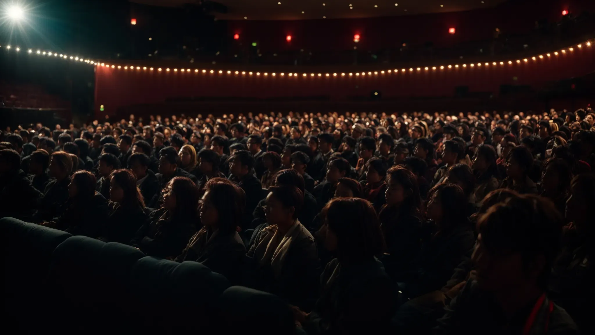a dimly lit theater full of captivated audience members gazing towards the glowing screen showcasing a film premiere.