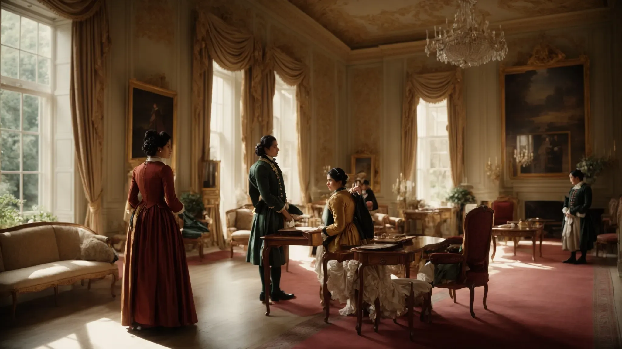 a grand 18th-century drawing room, bathed in the glow of natural light pouring through large windows, with characters in period attire engaged in genteel conversation.
