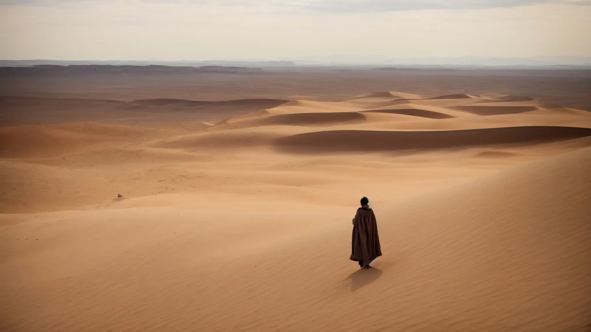 a sprawling desert stretches to the horizon under a vast sky, with a lone figure standing in the distance, dwarfed by the enormity of the landscape.