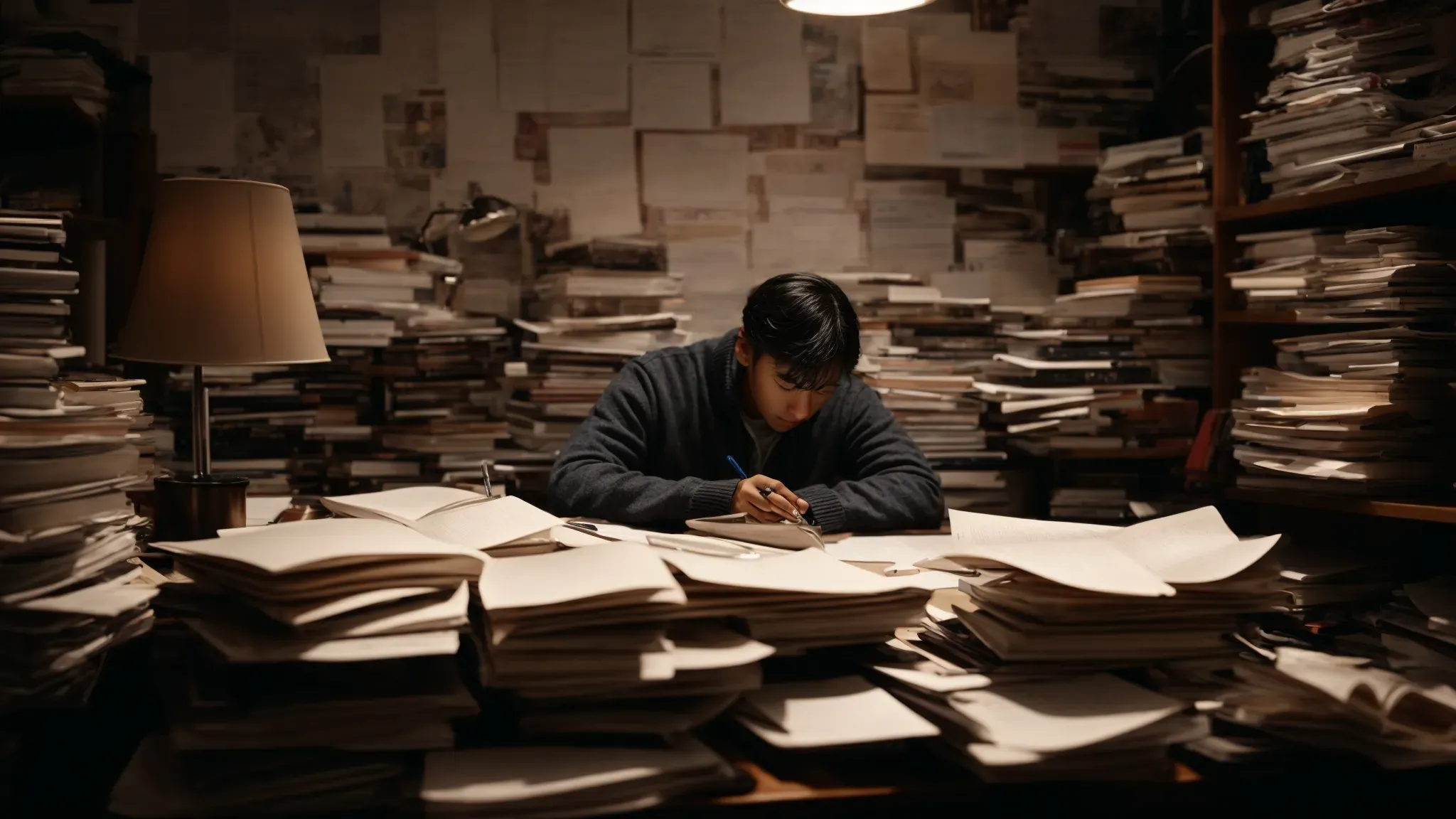 a person sits at a cluttered desk, surrounded by stacks of paper and books, intently scribbling in a notebook under a dim table lamp.