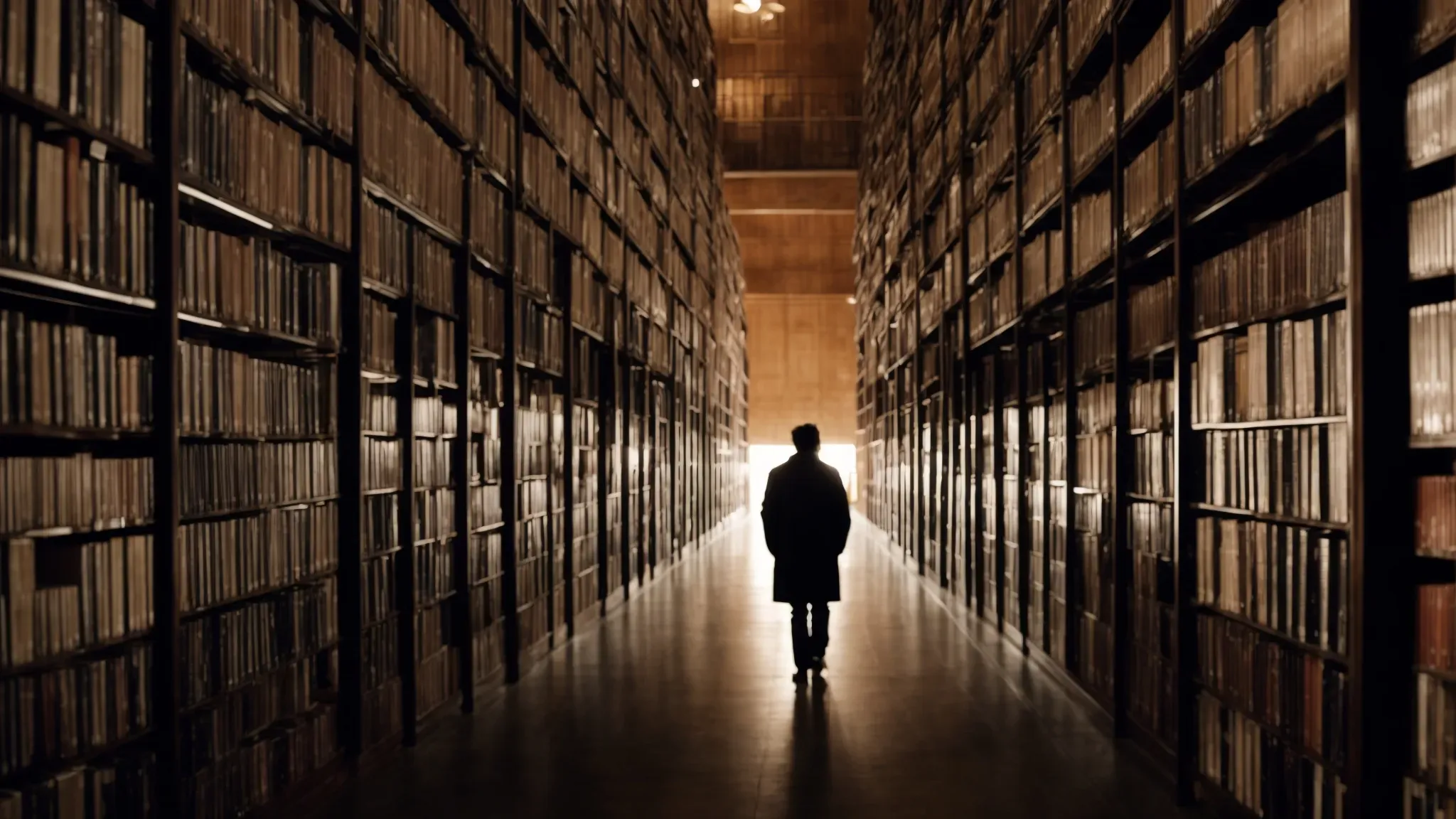 a person silhouetted against a vast library of film reels, towering shelves stretching into the distance.