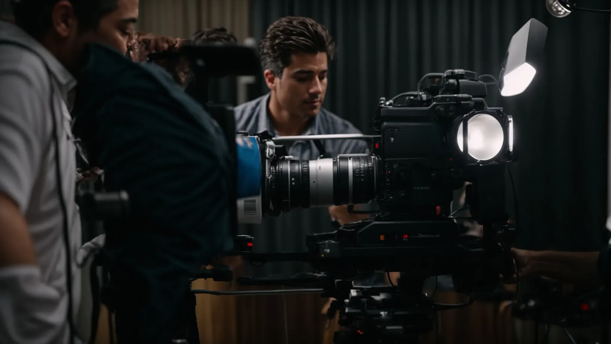a filmmaker adjusting a large studio light on a film set, surrounded by various lighting equipment.
