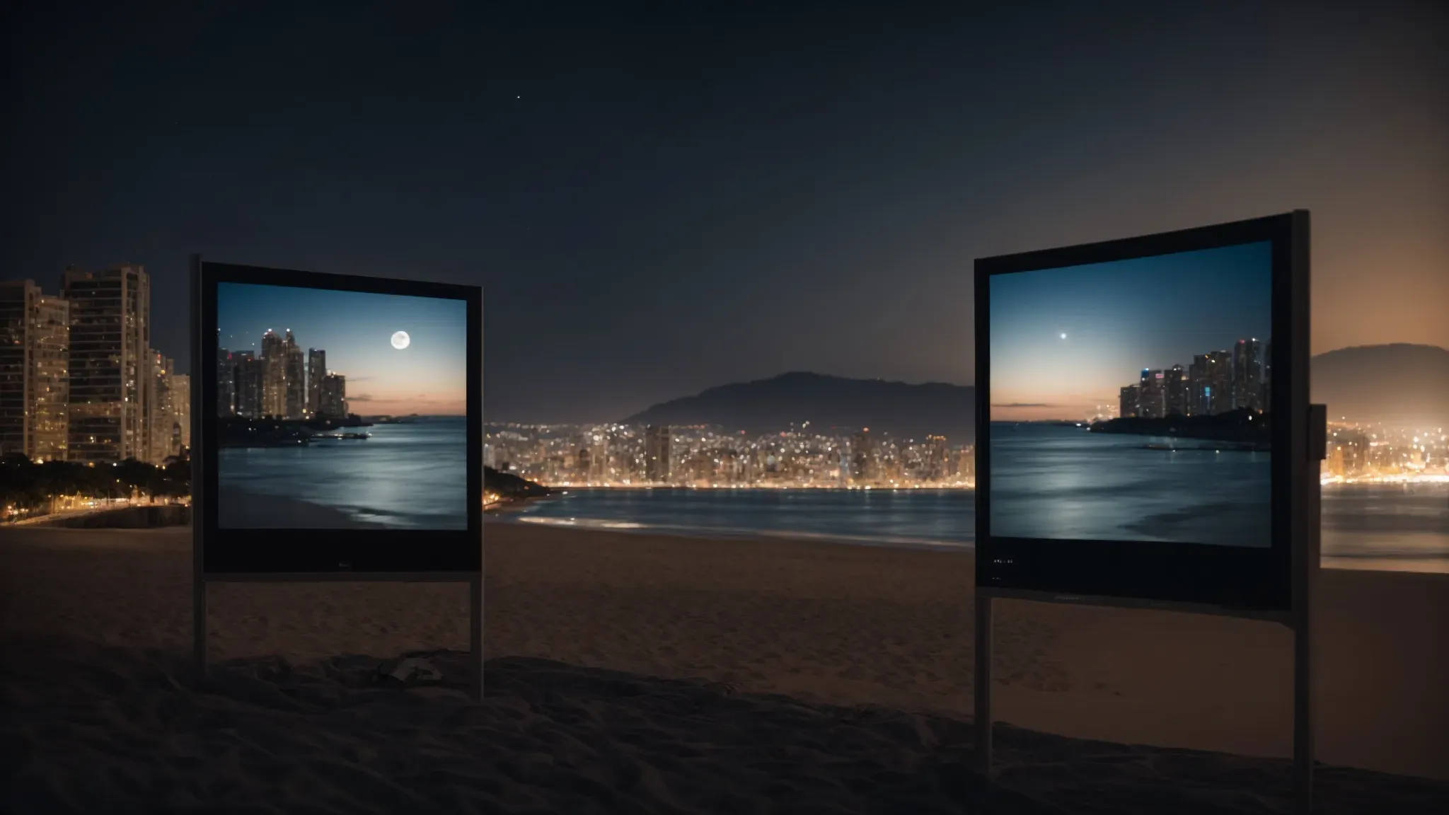 two screens placed side by side, one displaying a bustling cityscape at night and the other a serene moonlit beach.