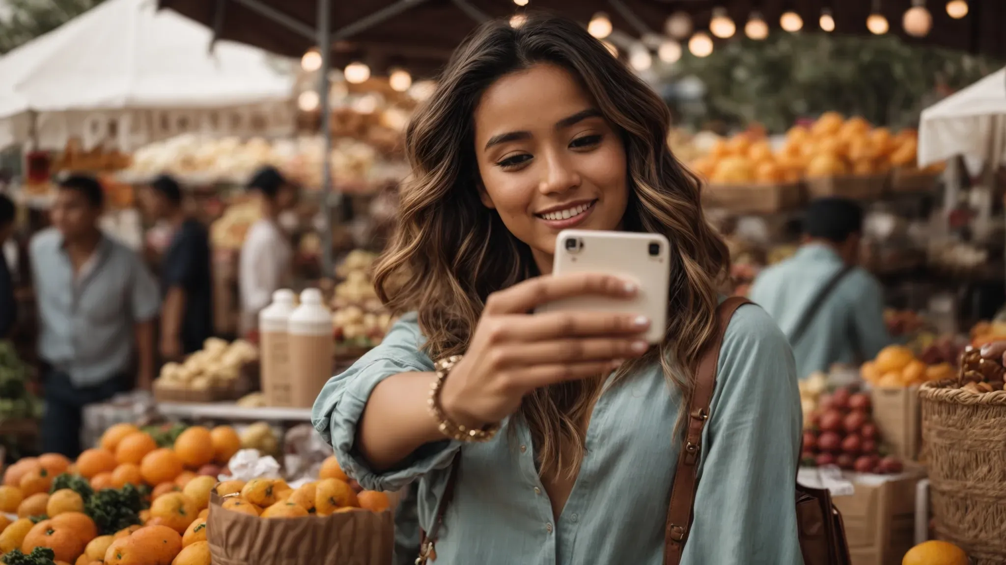 an influencer takes a selfie with a product at a lively outdoor market.