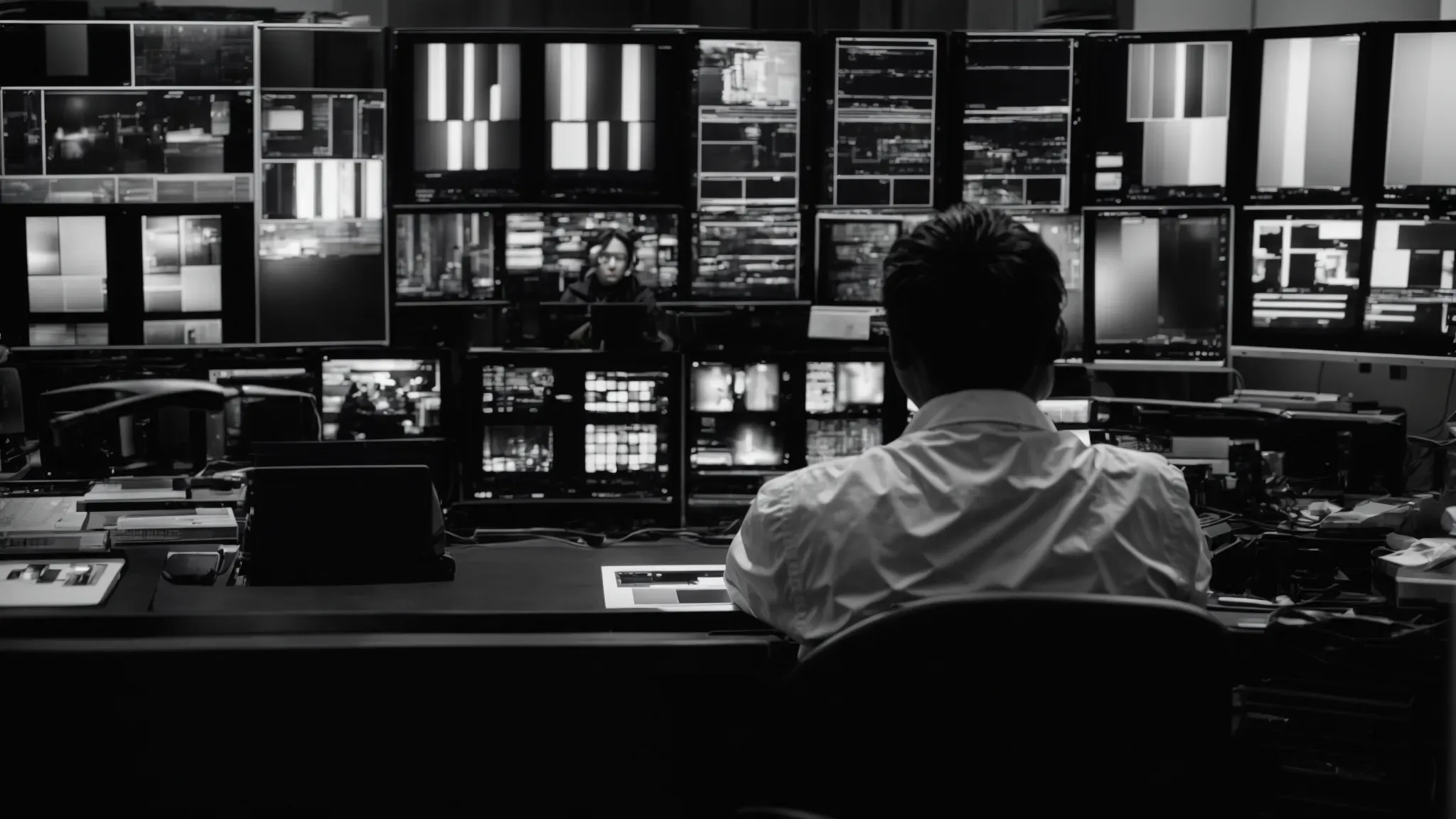 a film technician sits at a workstation, surrounded by multiple screens showing black and white film stills transitioning into color.