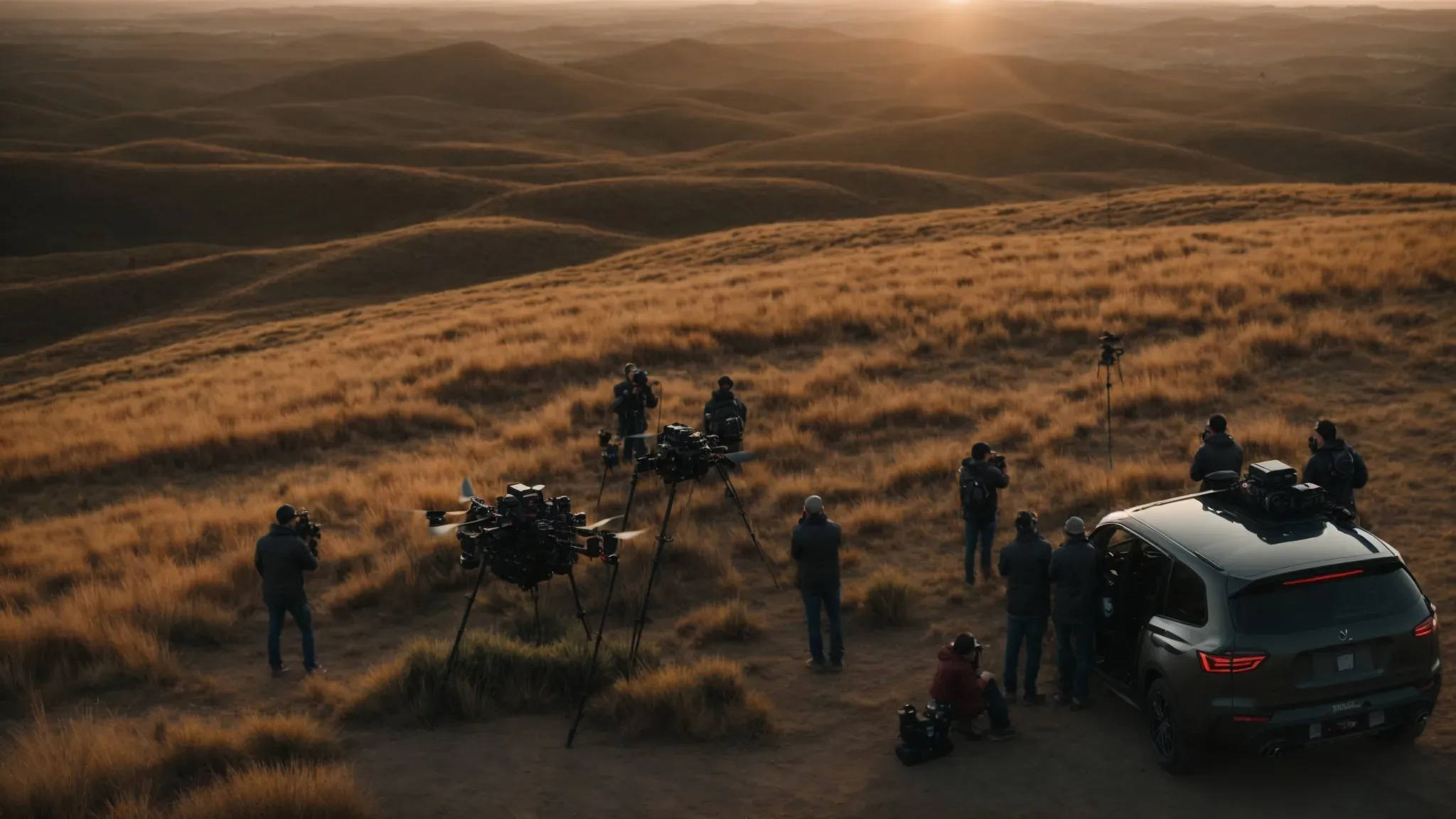 a wide shot of a film crew using a drone to capture sunset landscapes, with advanced camera equipment in the foreground.