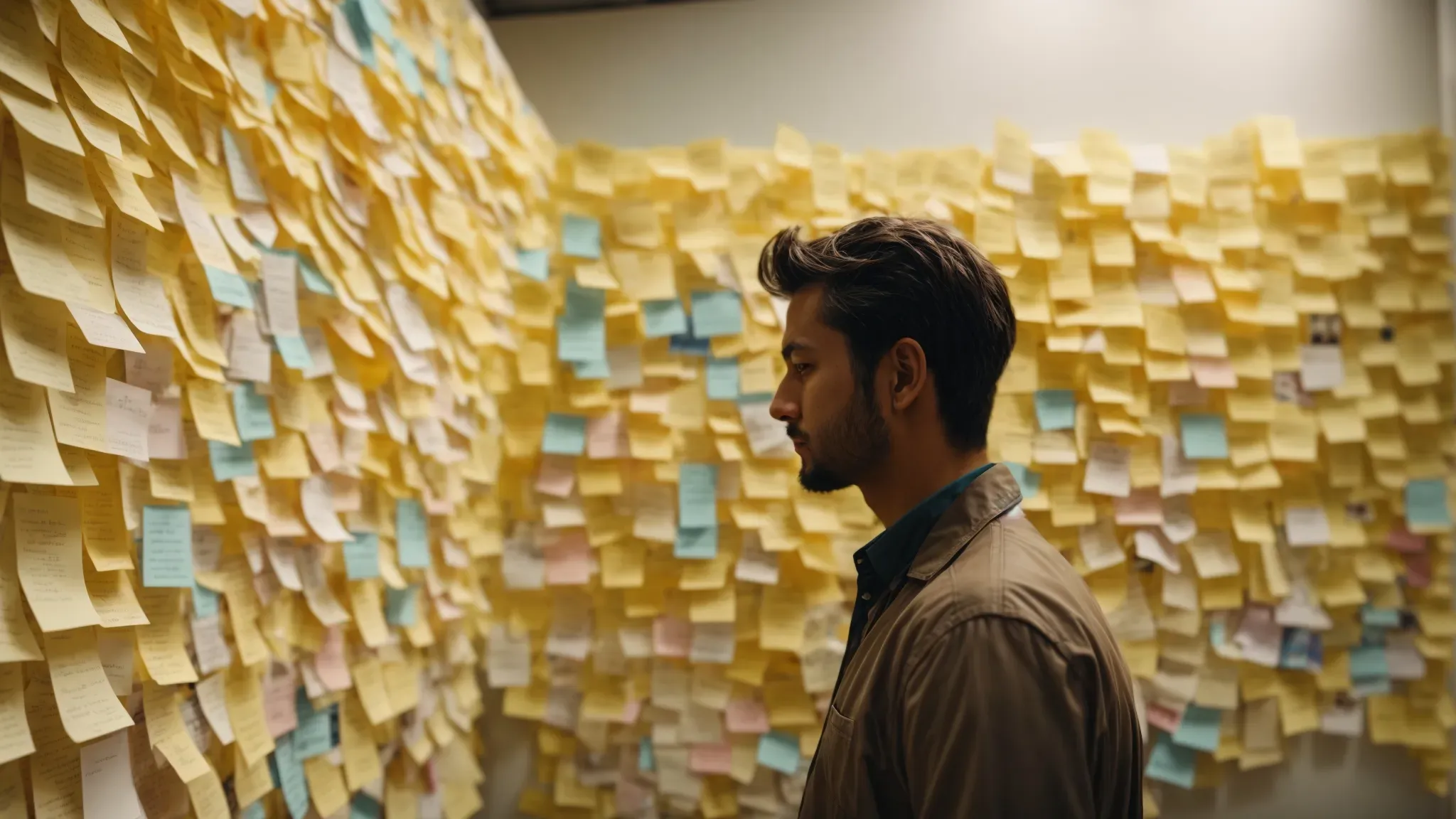 a filmmaker reviews a wall of sticky notes and photographs, each representing different thematic elements and potential locations for their documentary using film saturation techniques.