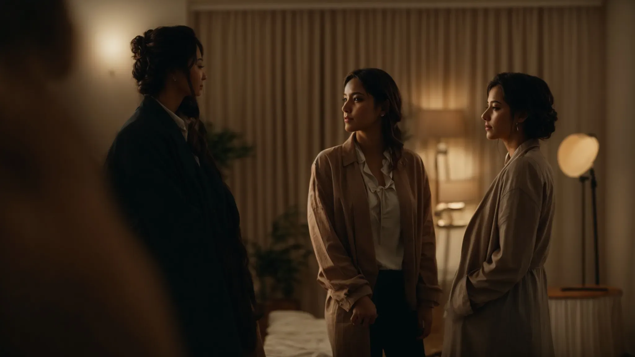 a filmmaker capturing an intimate conversation between two people in a softly lit room, focusing on their expressions and interactions.