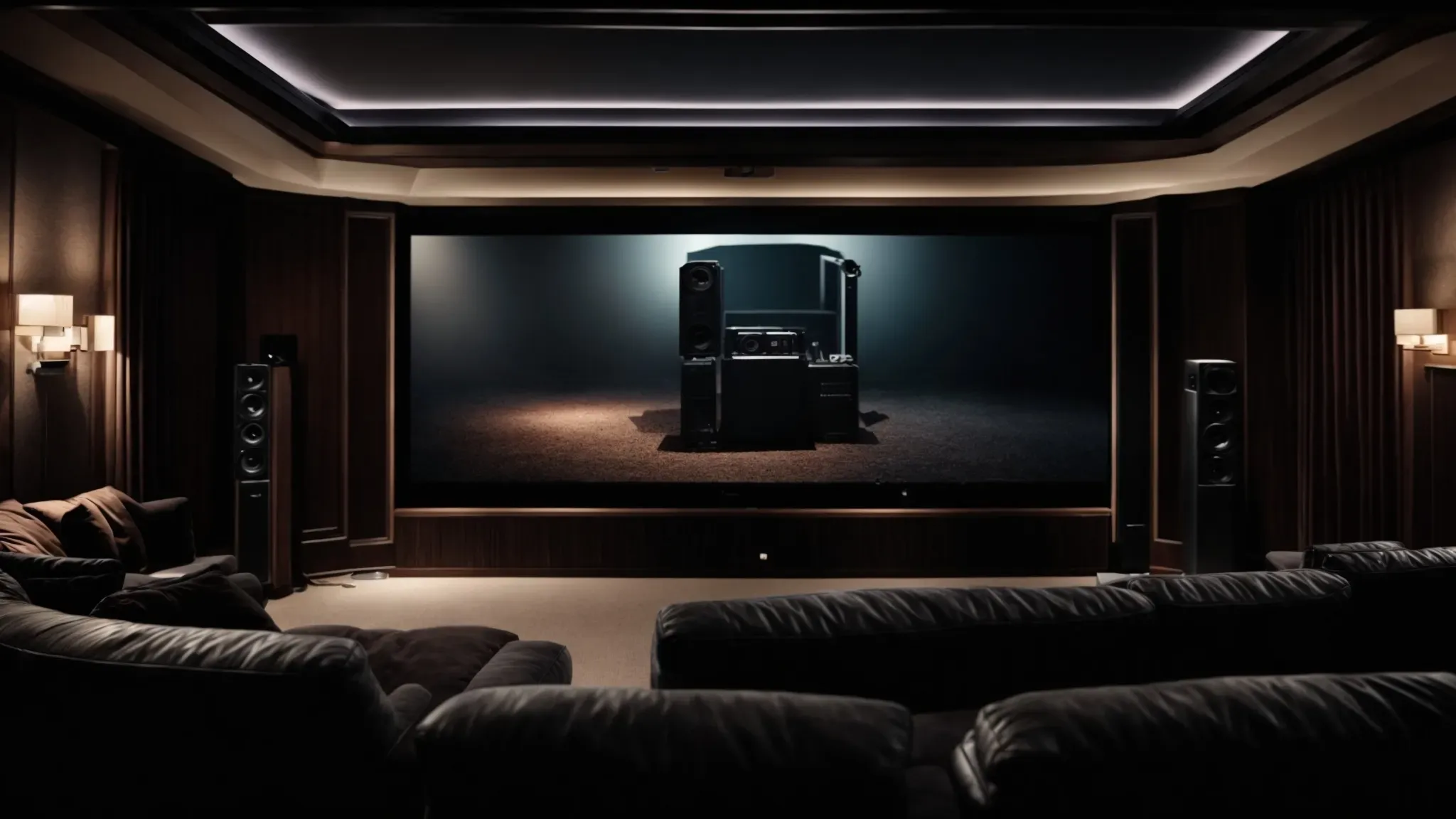 a home theater setup with a large screen showing the opening credits of a zack snyder film.