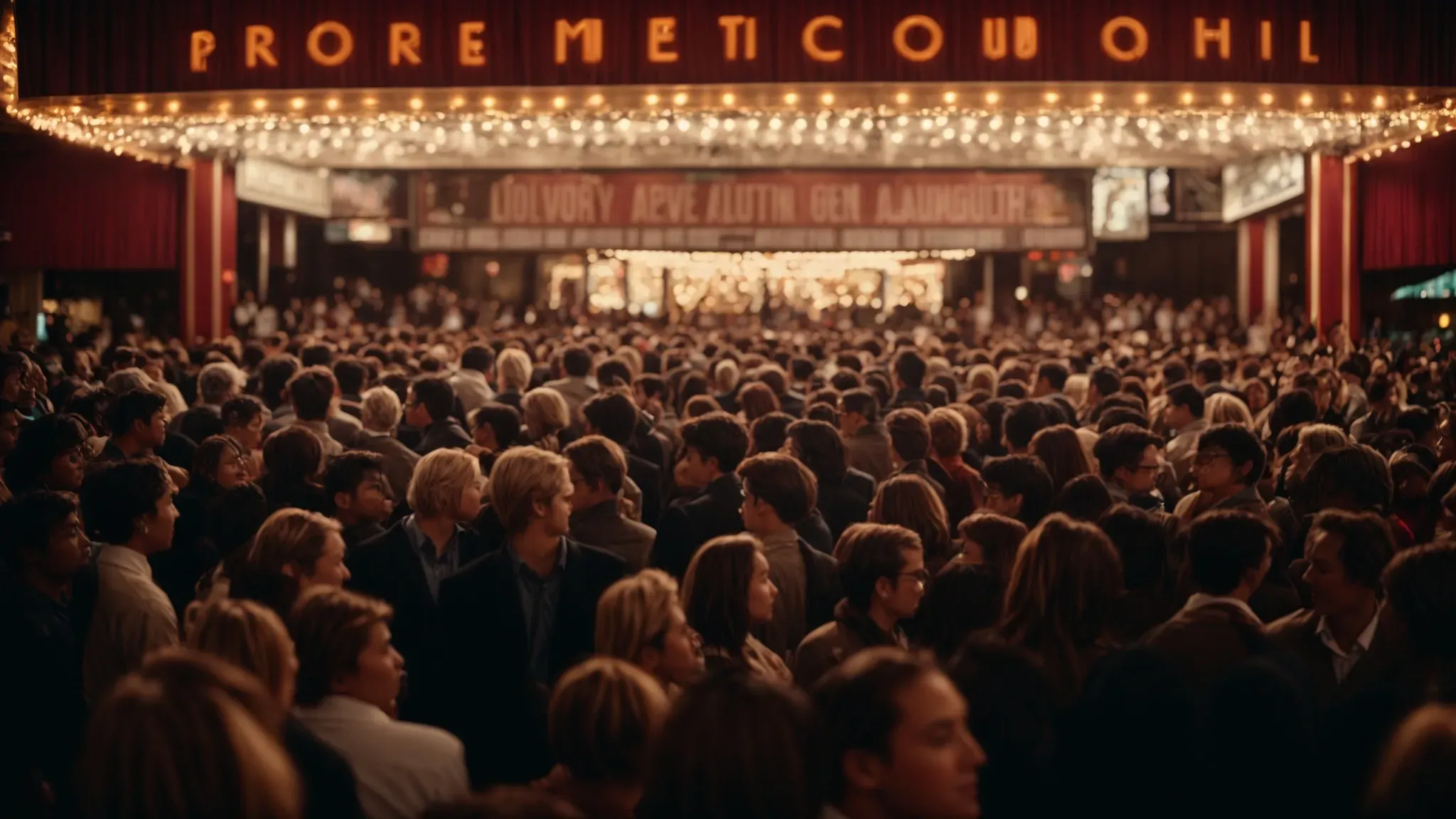a packed movie premiere showing an excited crowd under the glow of theater marquee lights.