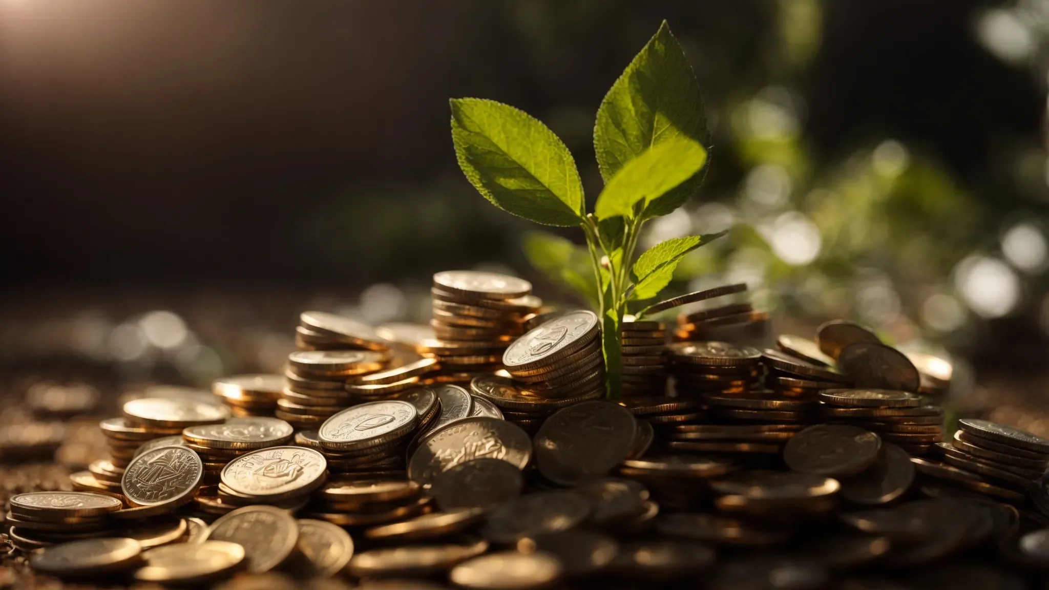a growing plant in a pile of coins with sunlight filtering through, symbolizing the concept of growing wealth through strategic investment.
