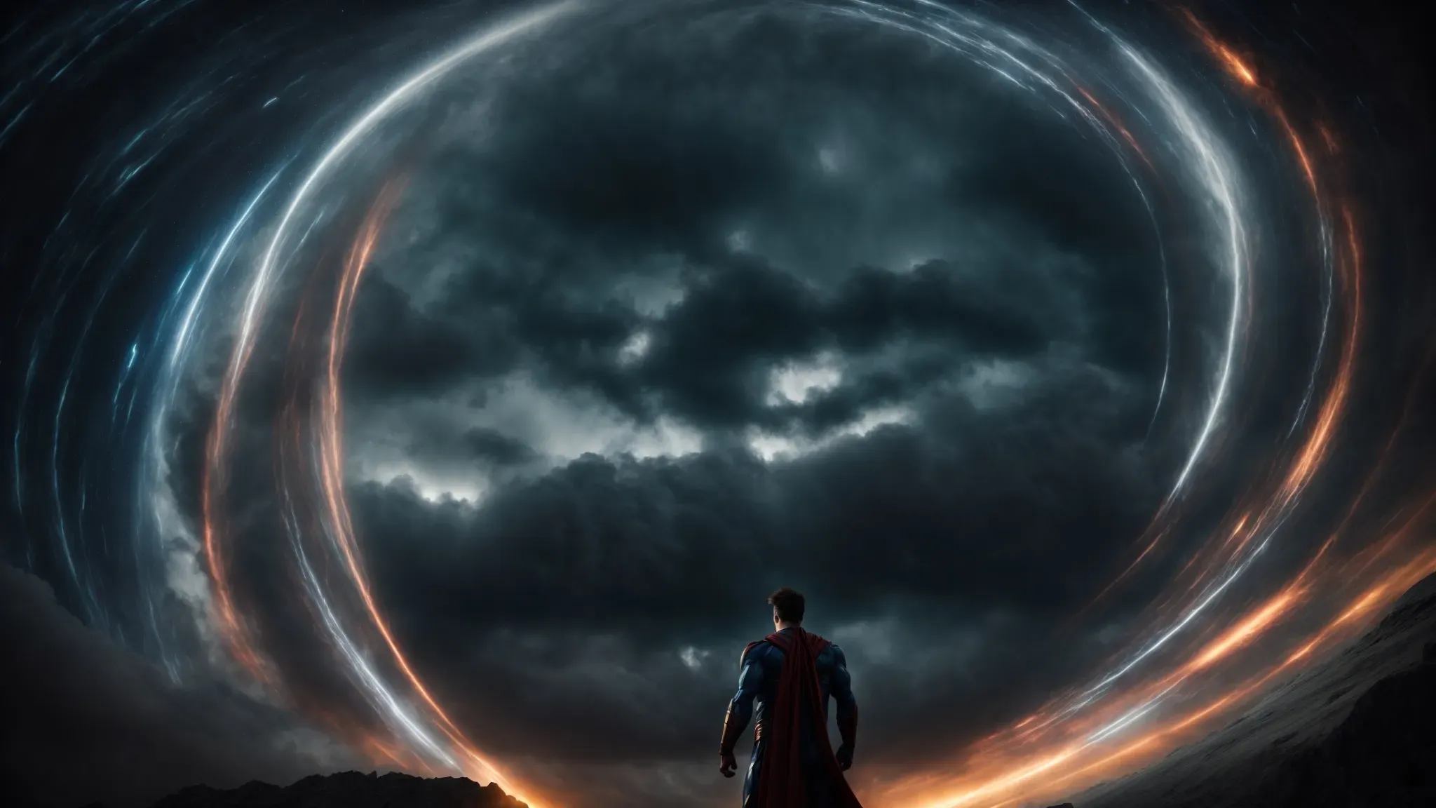 a vivid portal swirls in the center of a stormy sky, framing silhouettes of various superheroes poised for action around it.