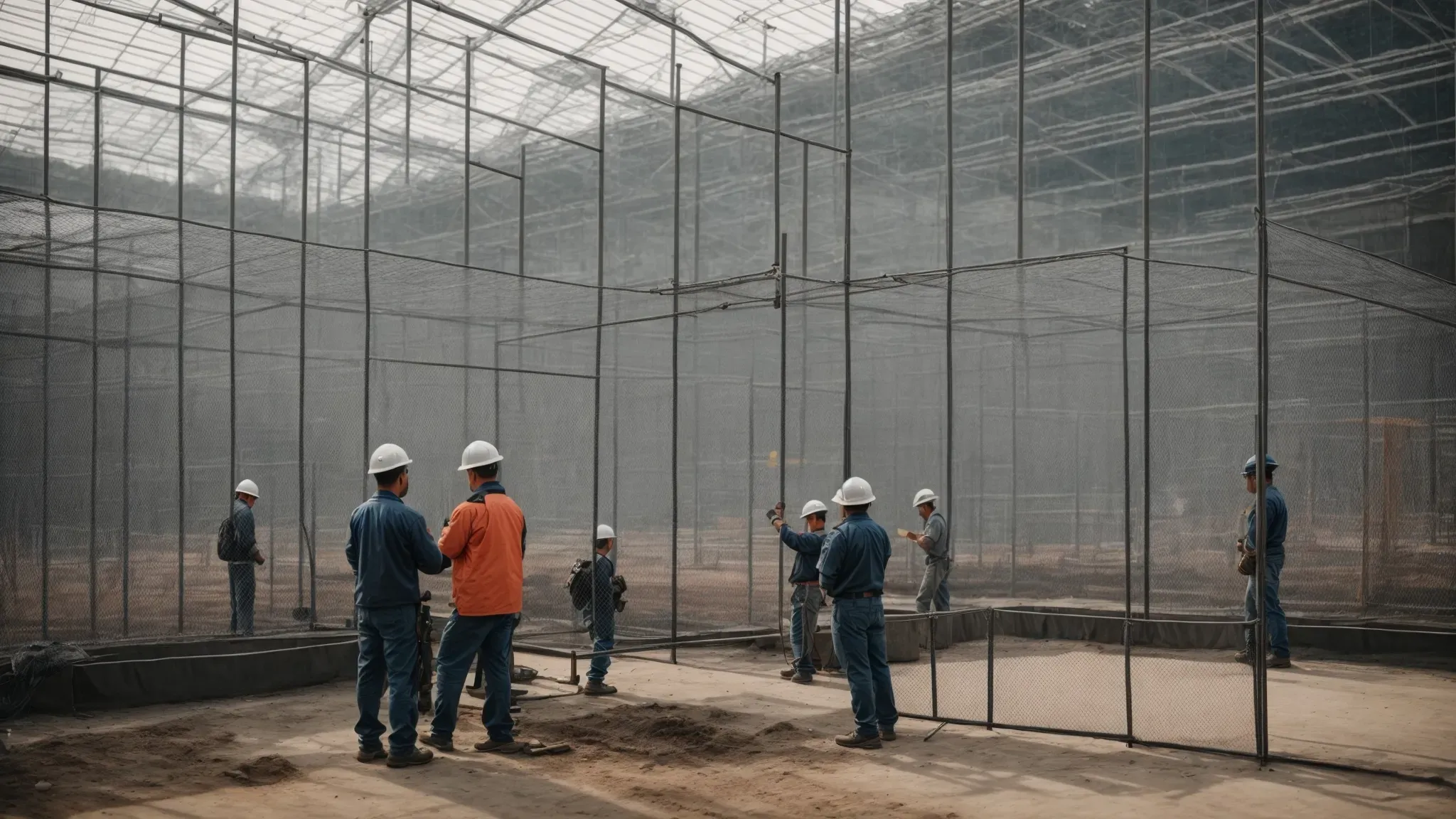 workers are seen assembling sturdy wire mesh walls and a transparent roof over a rising steel frame of an aviary.