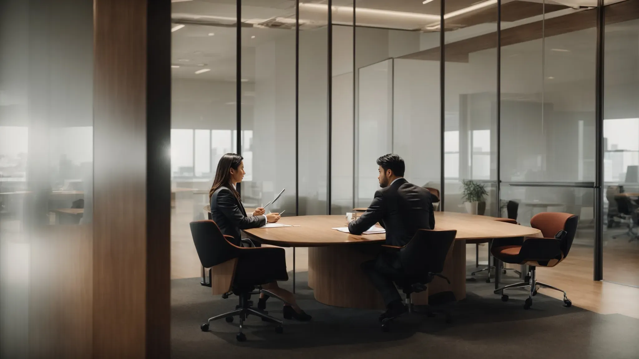 a meeting room with a legal document on the table, two professionals engaging in a focused discussion.