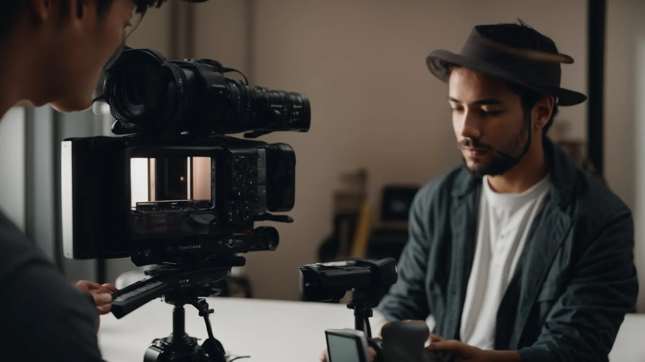 a filmmaker operates a high-quality digital camera on a minimalist film set.