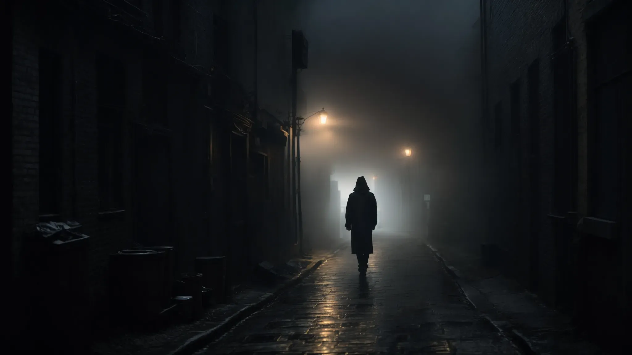 a dimly lit alleyway shrouded in mist, with the silhouette of a lone figure standing at the end, evoking a sense of looming danger and mystery.