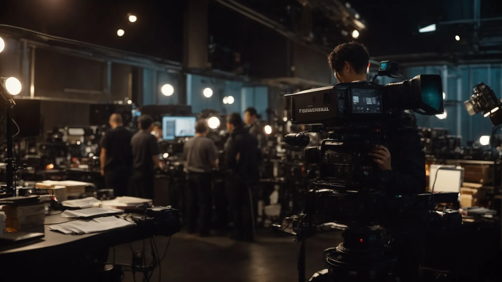 a bustling film set with a person overseeing the camera and lighting equipment, symbolizing the dynamic environment where a production assistant starts their career.