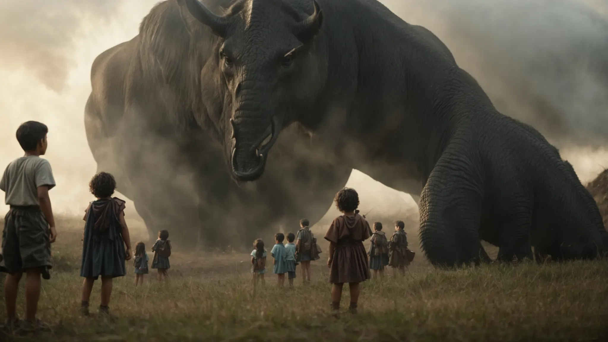 children gaze in awe at an epic movie scene where the young hero triumphs over a mythic creature.