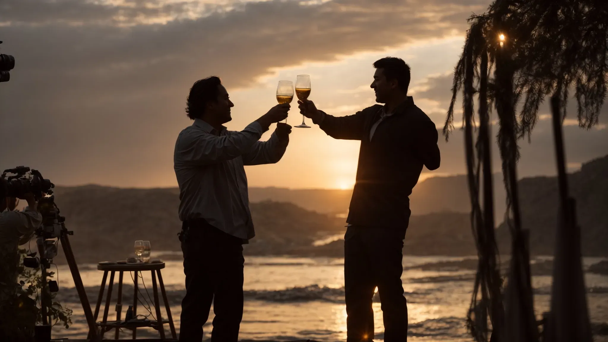 a producer and director, silhouetted against the setting sun, share a celebratory toast on a film set, encapsulating the triumph of their collaboration.