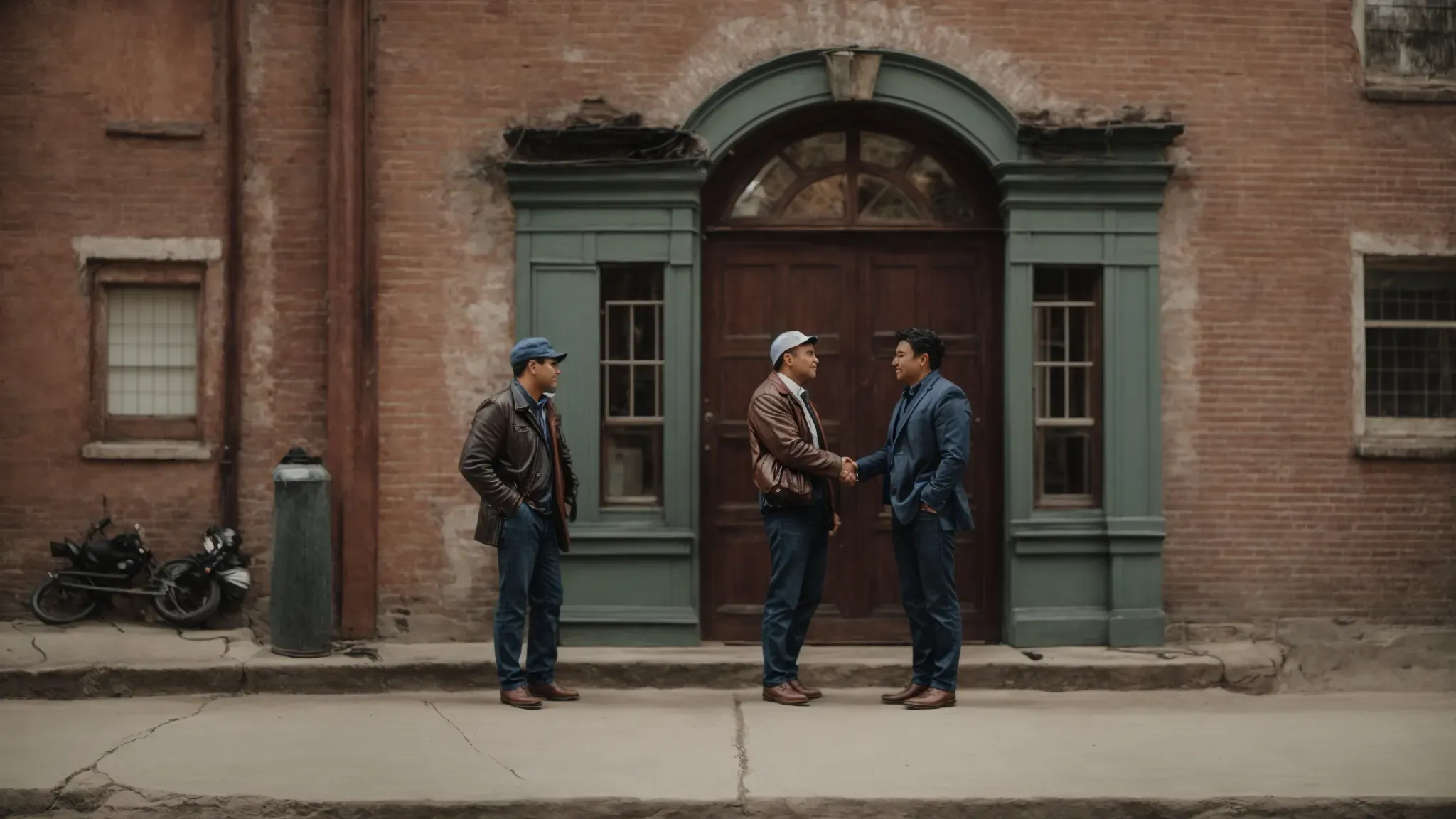 a film director and a property owner shake hands in front of a historic building set to be a movie location.