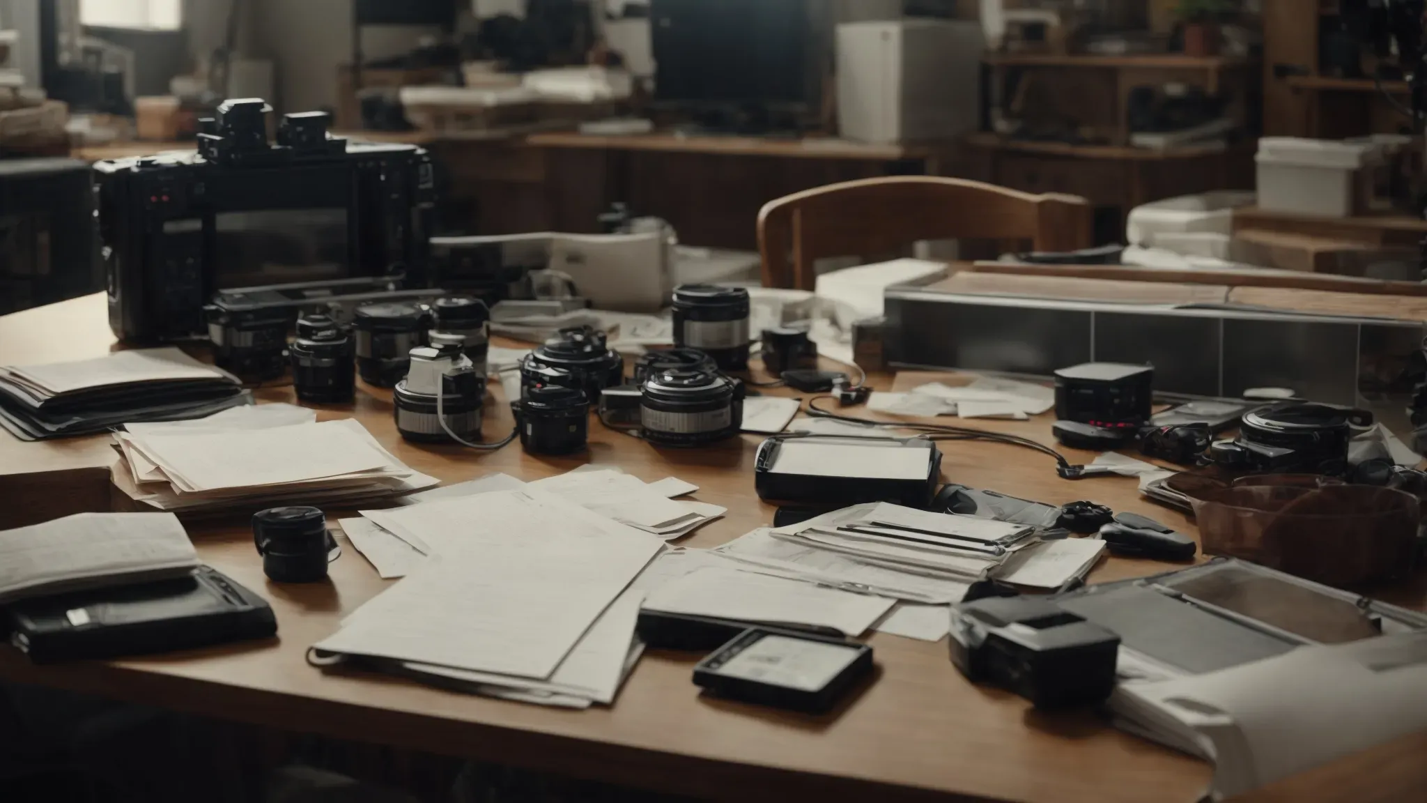 a producer examines a cluttered table with different forms and schedules, looking for a solution amidst production equipment in the background.