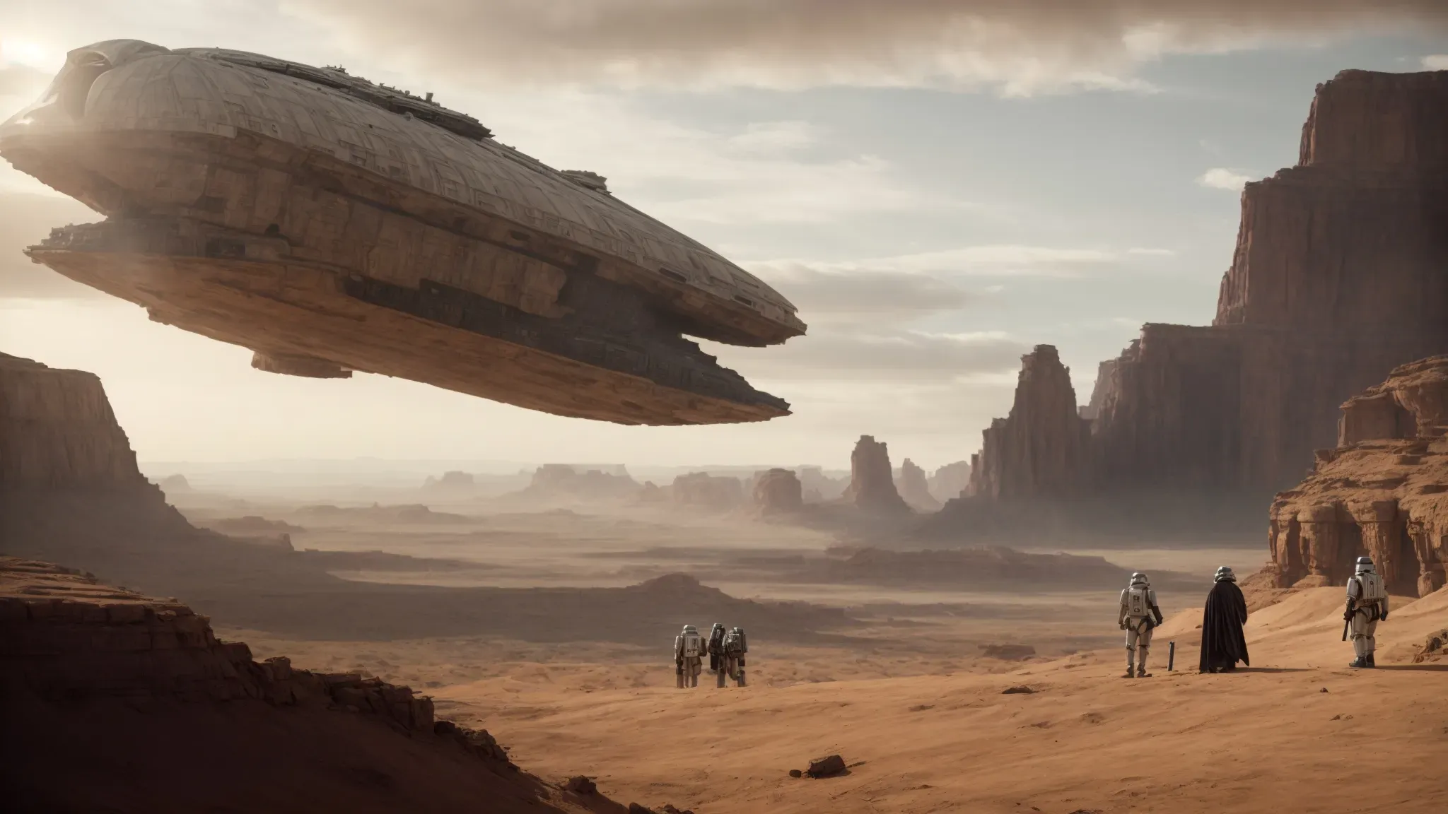 a panoramic view of varied star wars scenes blending together, showcasing iconic battles, tender moments between characters, and sweeping landscapes of alien worlds.