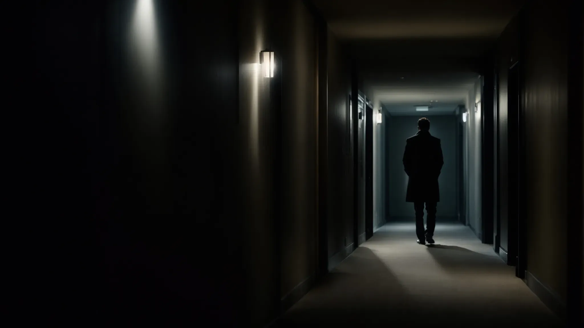 a shadowy figure stands at the end of a dimly lit corridor, evoking a sense of suspense and imminent revelation.