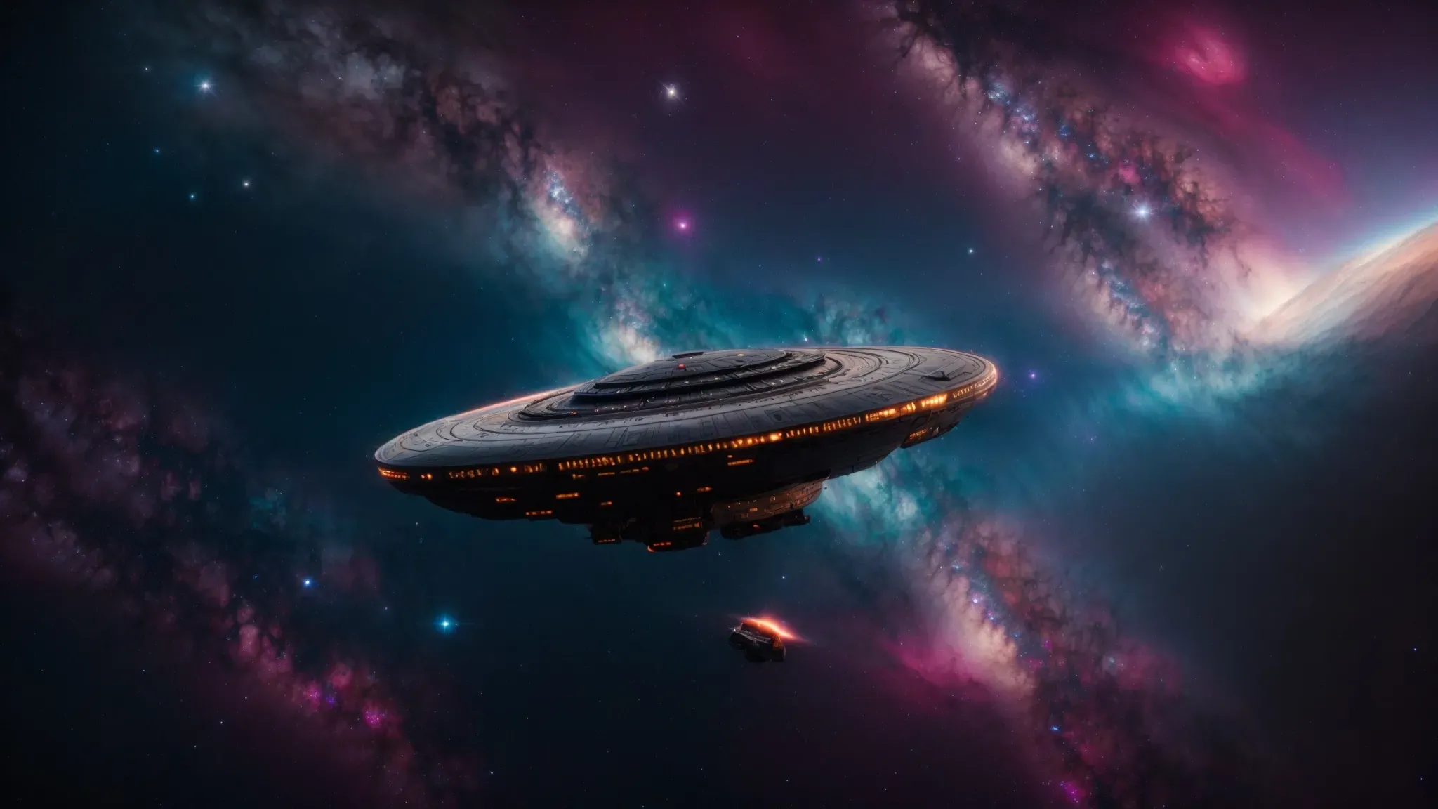 a starship gliding through a galaxy of swirling nebulas, symbolizing a voyage through the evolution of science fiction cinema.