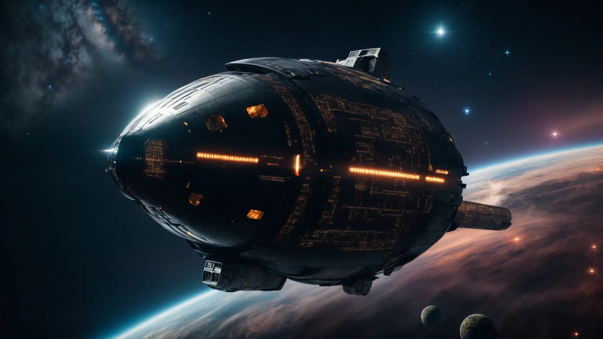 a spaceship voyages through a starlit galaxy, embodying a journey of both betrayal and unwavering faith amidst the cosmic expanse.