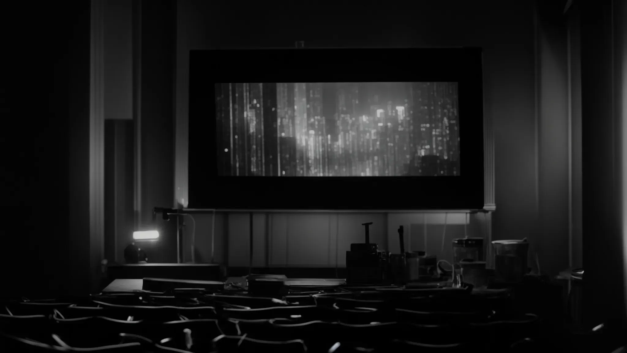 a classic black-and-white movie being projected onto a screen in a dark room, with a palette of paintbrushes and colors lying nearby.