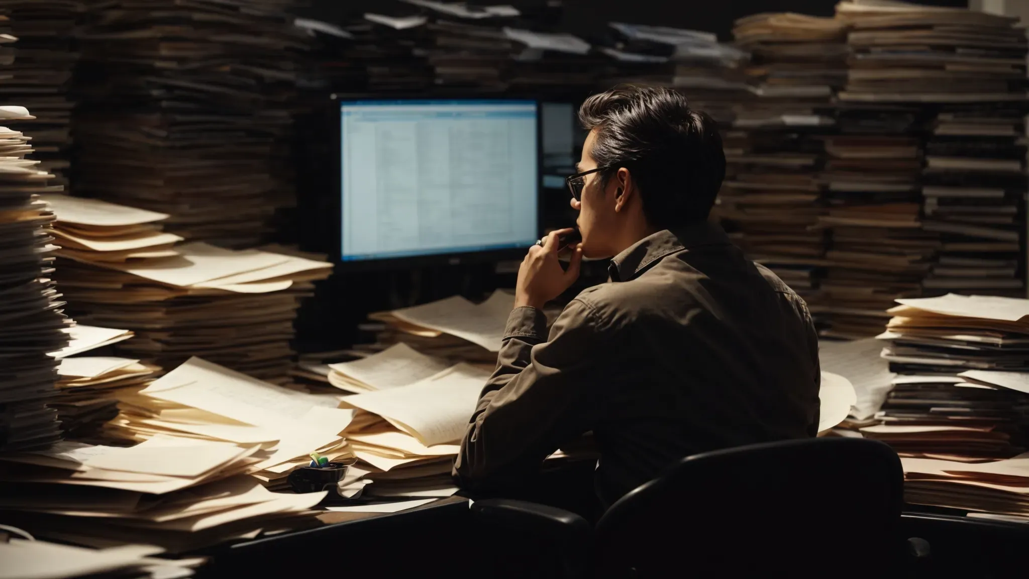 a screenwriter sits at a messy desk, surrounded by stacks of paper and a glowing computer screen, deep in thought using saturation techniques.