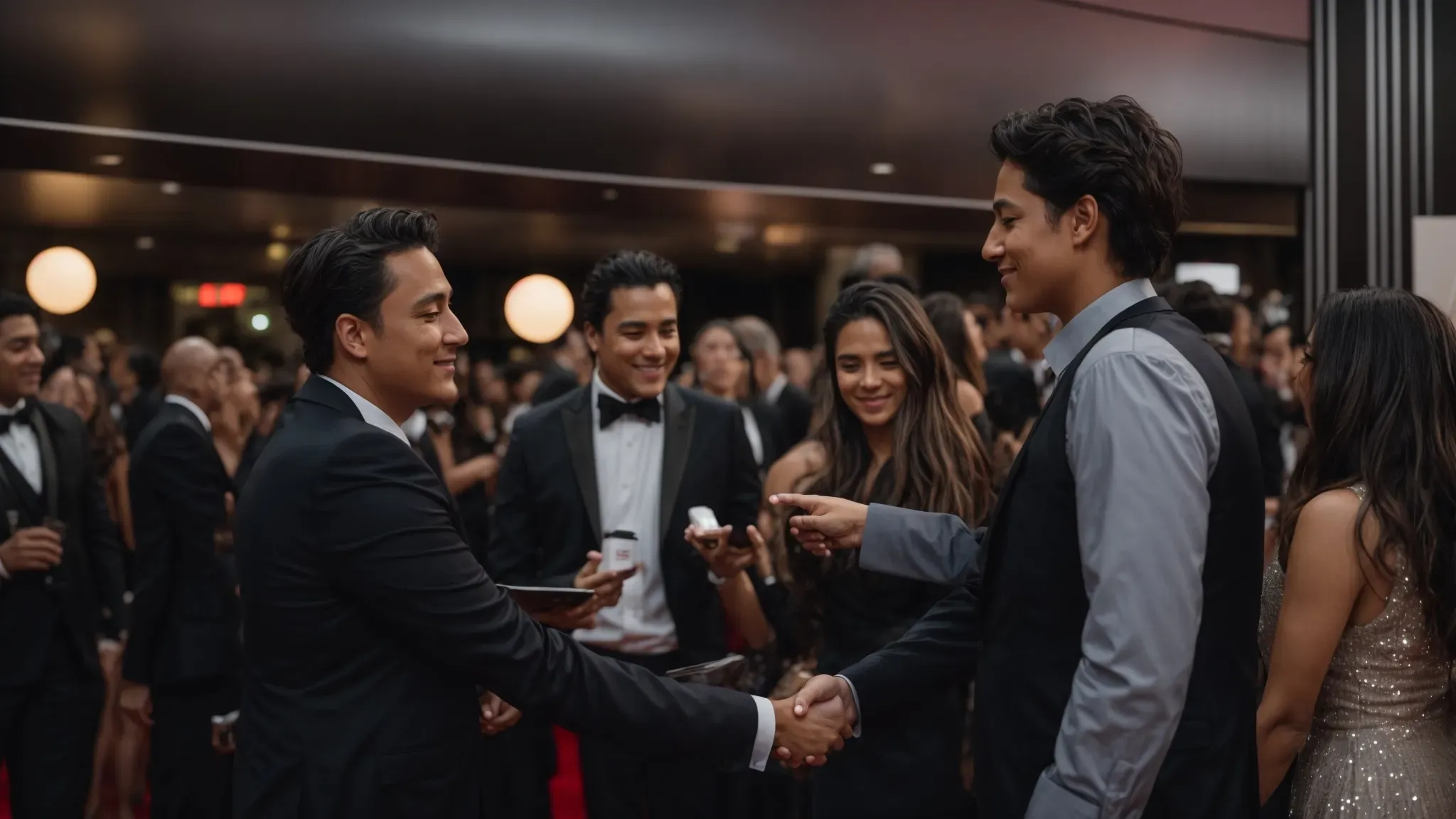 a filmmaker shakes hands with a netflix executive at a bustling film festival gala.