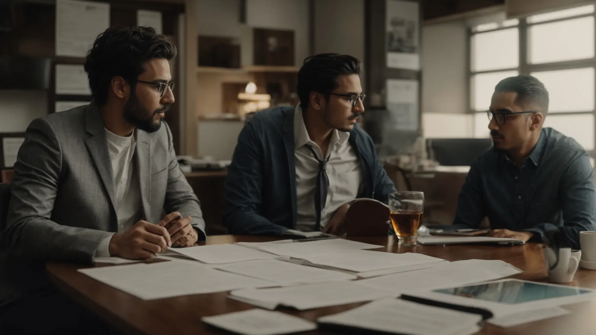 a producer and a director sit on opposite sides of a table, with a film script in the middle, each gesturing toward their own set of storyboards.