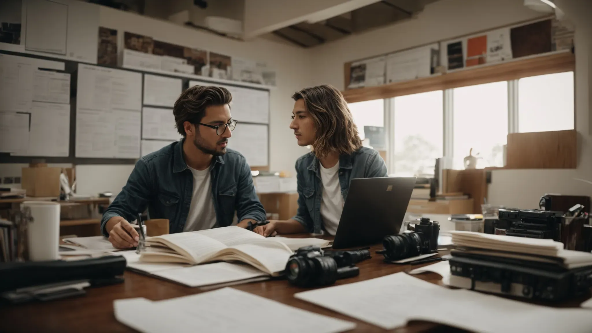 a filmmaker and a producer discussing over a table strewn with scripts, storyboards, and a laptop in a bright, creative office space.
