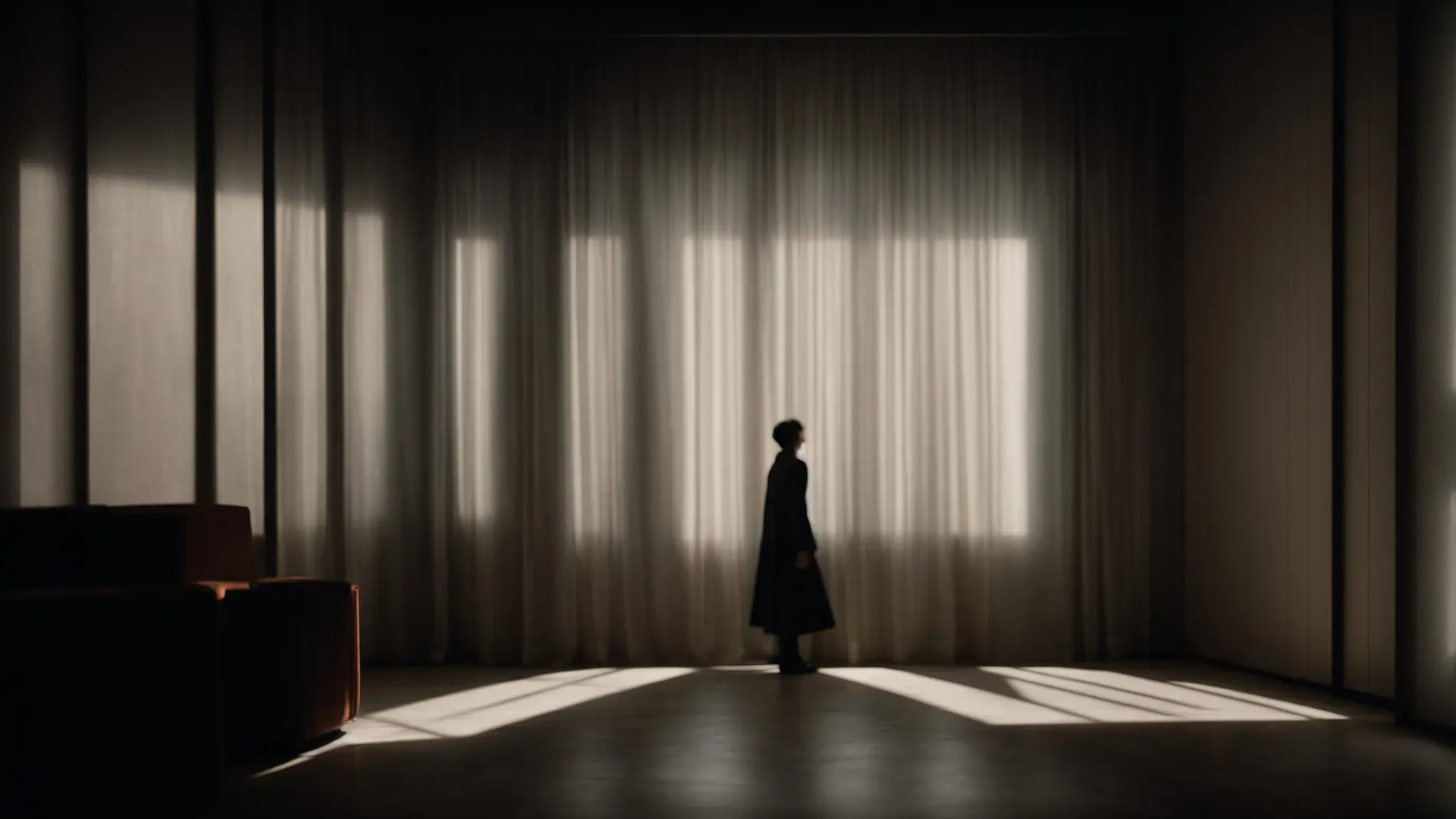 dramatic shadows slice across a dimly lit room where a lone figure confronts an invisible threat.