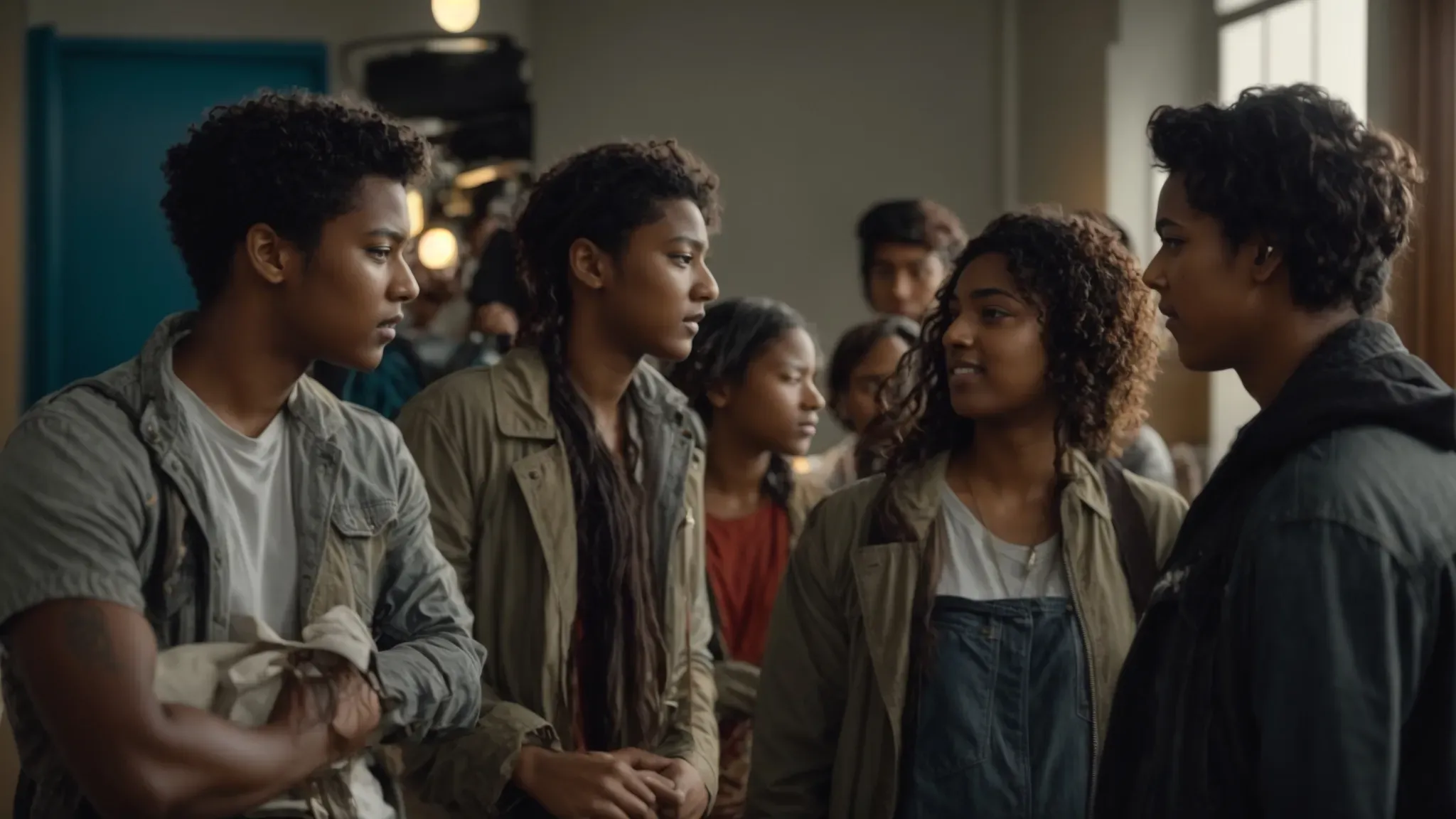 an energized indie film set with a diverse group of enthusiastic young actors and filmmakers engaged in passionate discussion.