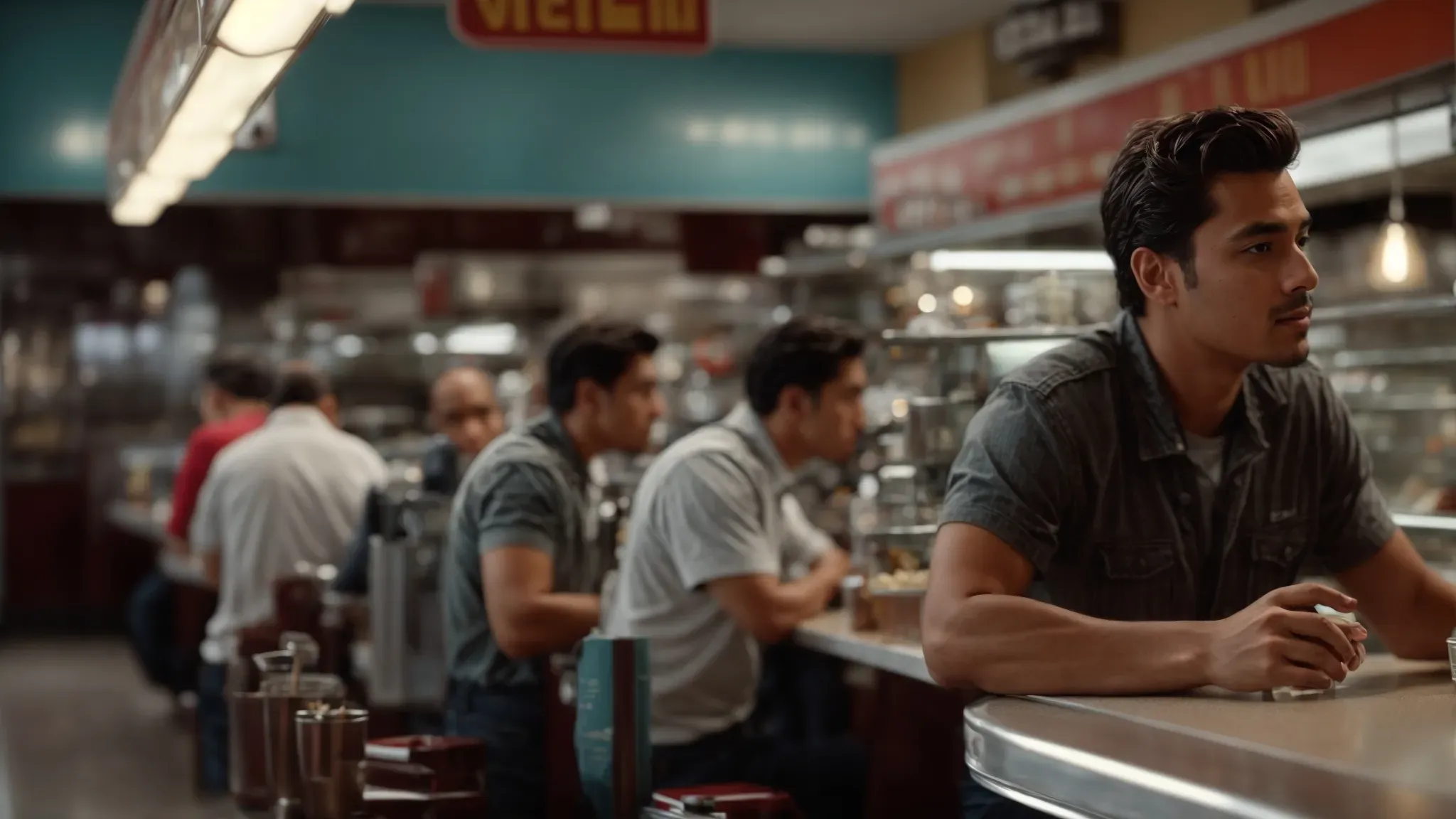 a filmmaker directing a scene in an everyday diner bustling with untapped narrative potential, using natural lighting and handheld cameras.