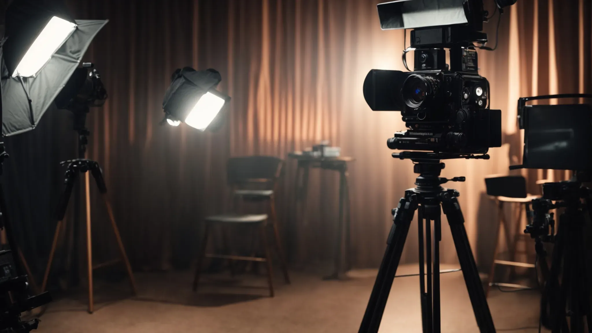 a camera on a tripod stands ready on a film set, framed by studio lighting and a clapperboard in the background.
