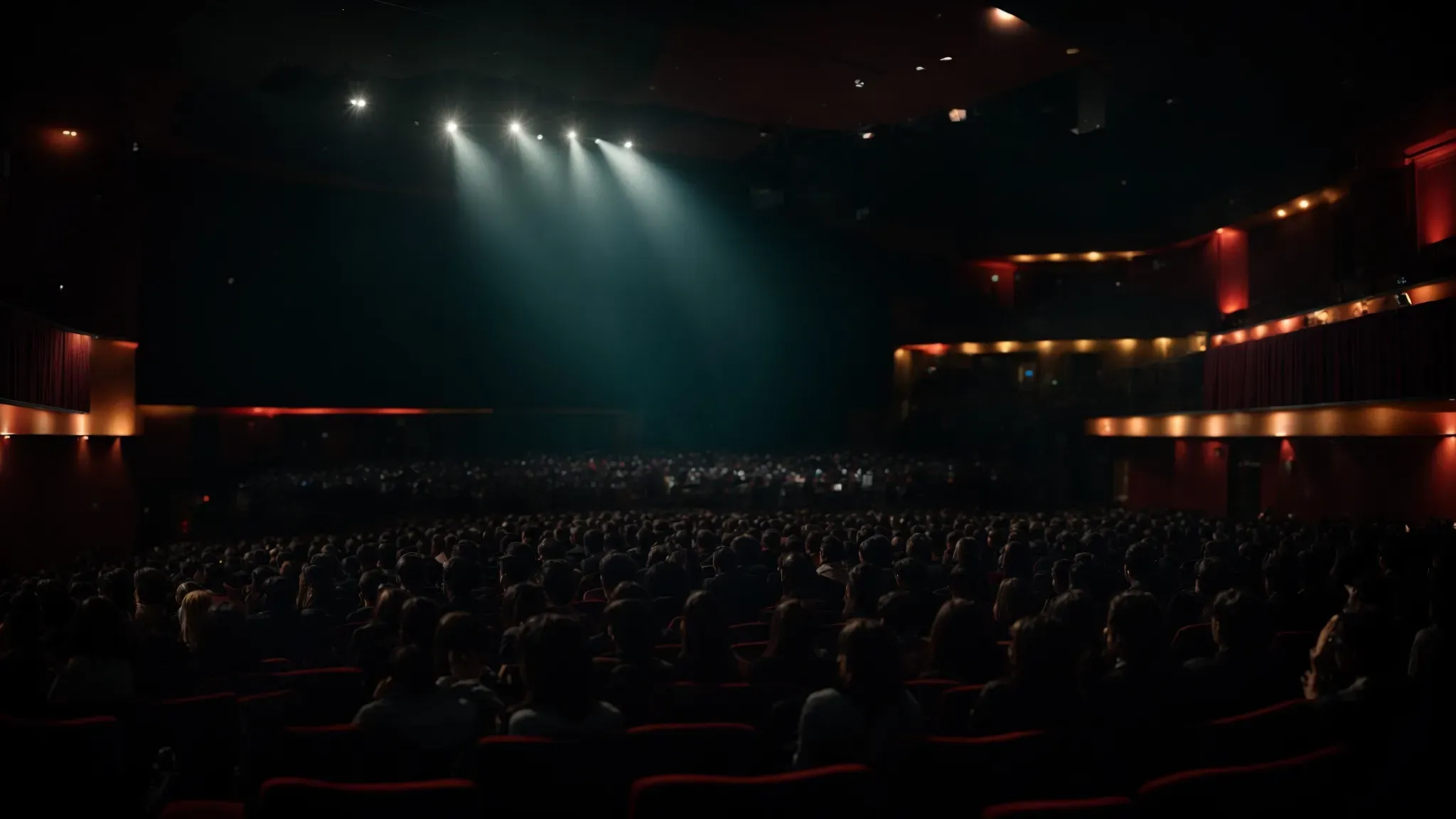 a dark movie theater filled with captivated audiences, their faces illuminated by the glow of a film scene showcasing a lush, foreign landscape.