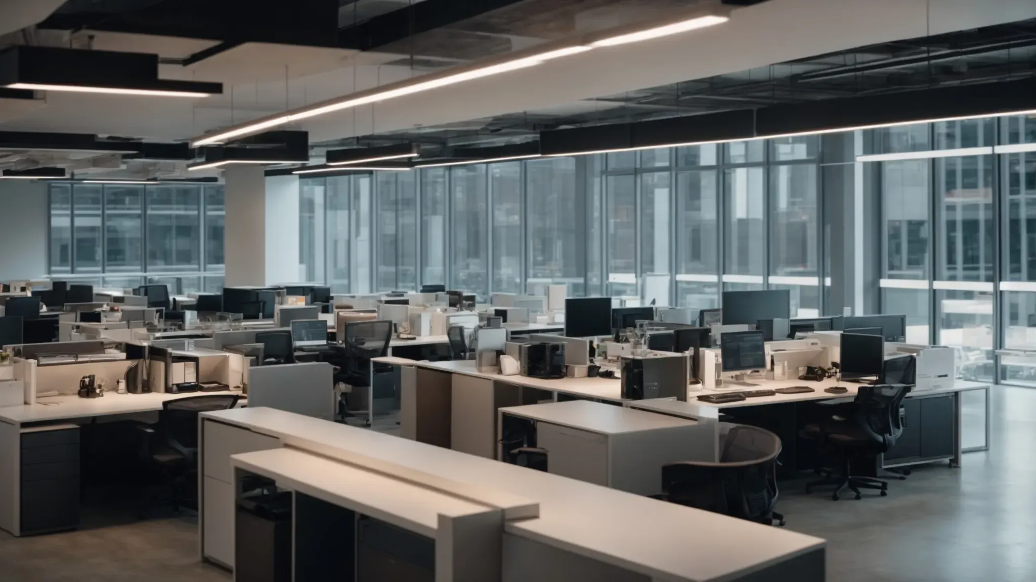 a panoramic view of a modern corporate office, with an open floor plan filled with sleek desks and high-tech computers, under the soft glow of overhead lighting.