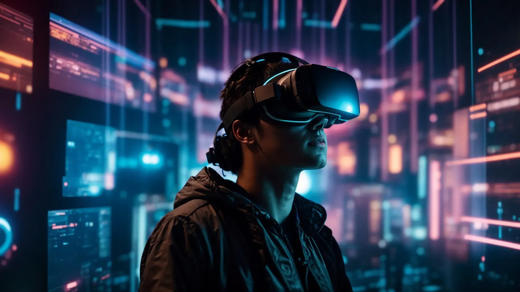 a filmmaker wears virtual reality goggles while interacting with a futuristic interface to edit a film scene, surrounded by glowing screens showing advanced color grading tools.