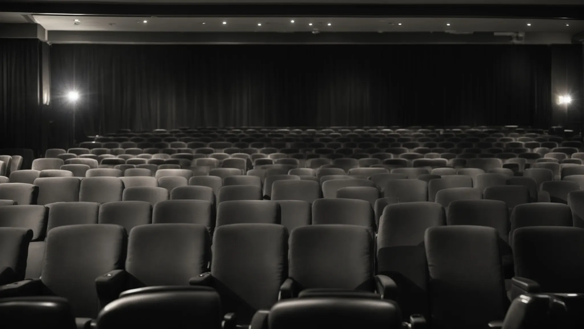 a row of empty movie theater seats facing a blank silver screen awaits the next showing of a celebrated film.