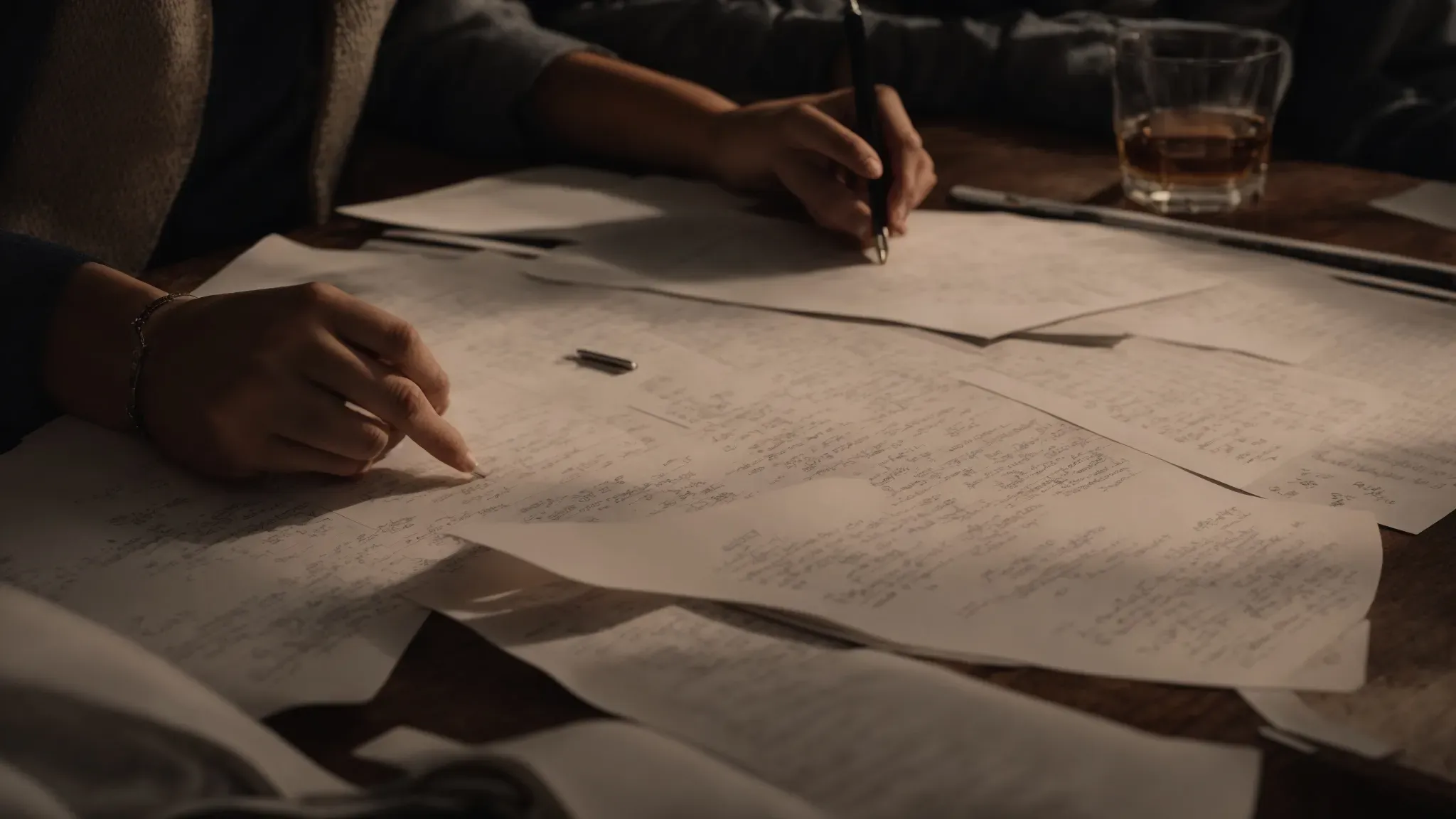 a person leans over a storyboard, intensely reviewing sketches and notes scattered across a table in a dimly lit room.