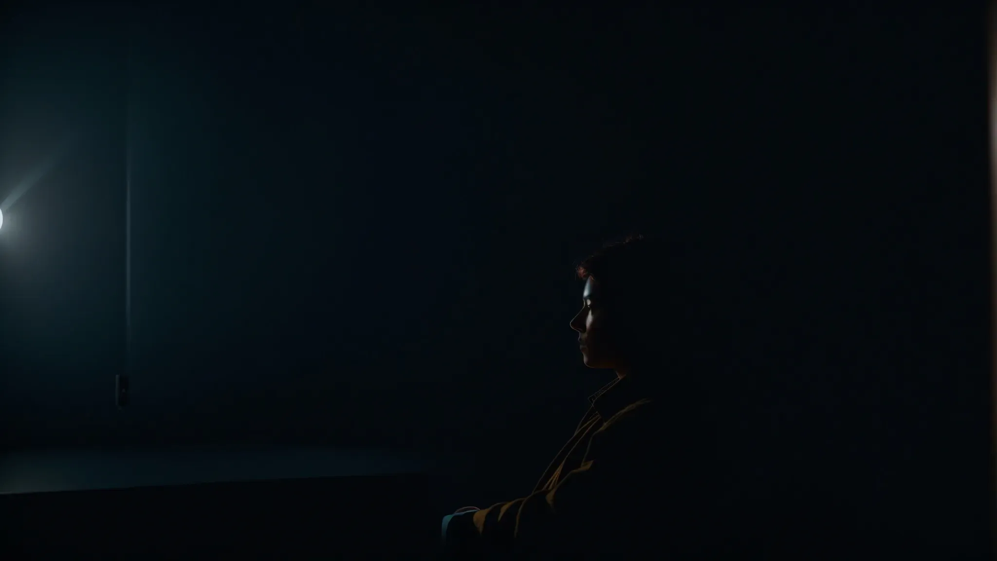 a silhouette of a person sitting in a dark room, illuminated only by the flicker of an unconventional film on the screen in front of them.