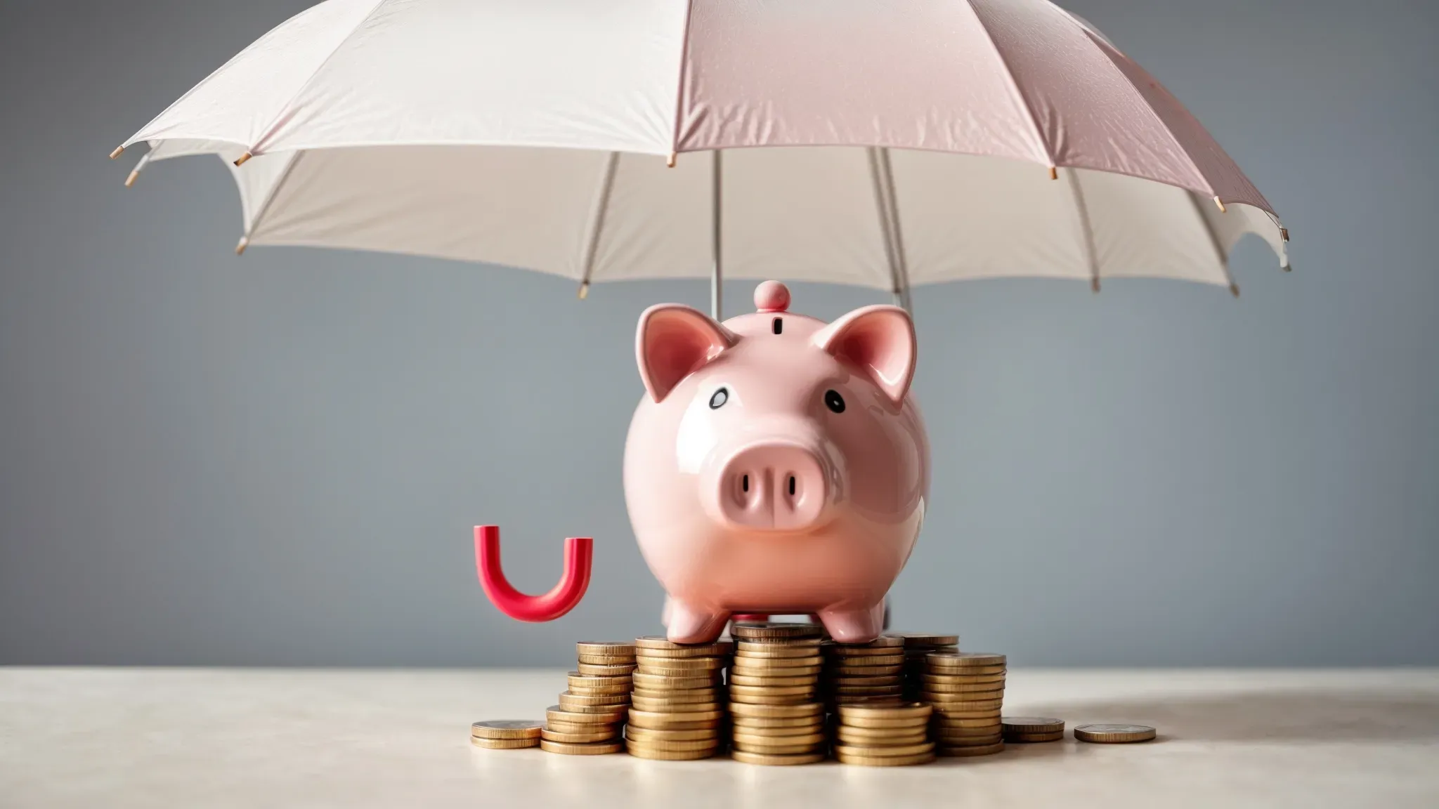 a piggy bank sitting on top of a stack of coins under an umbrella.