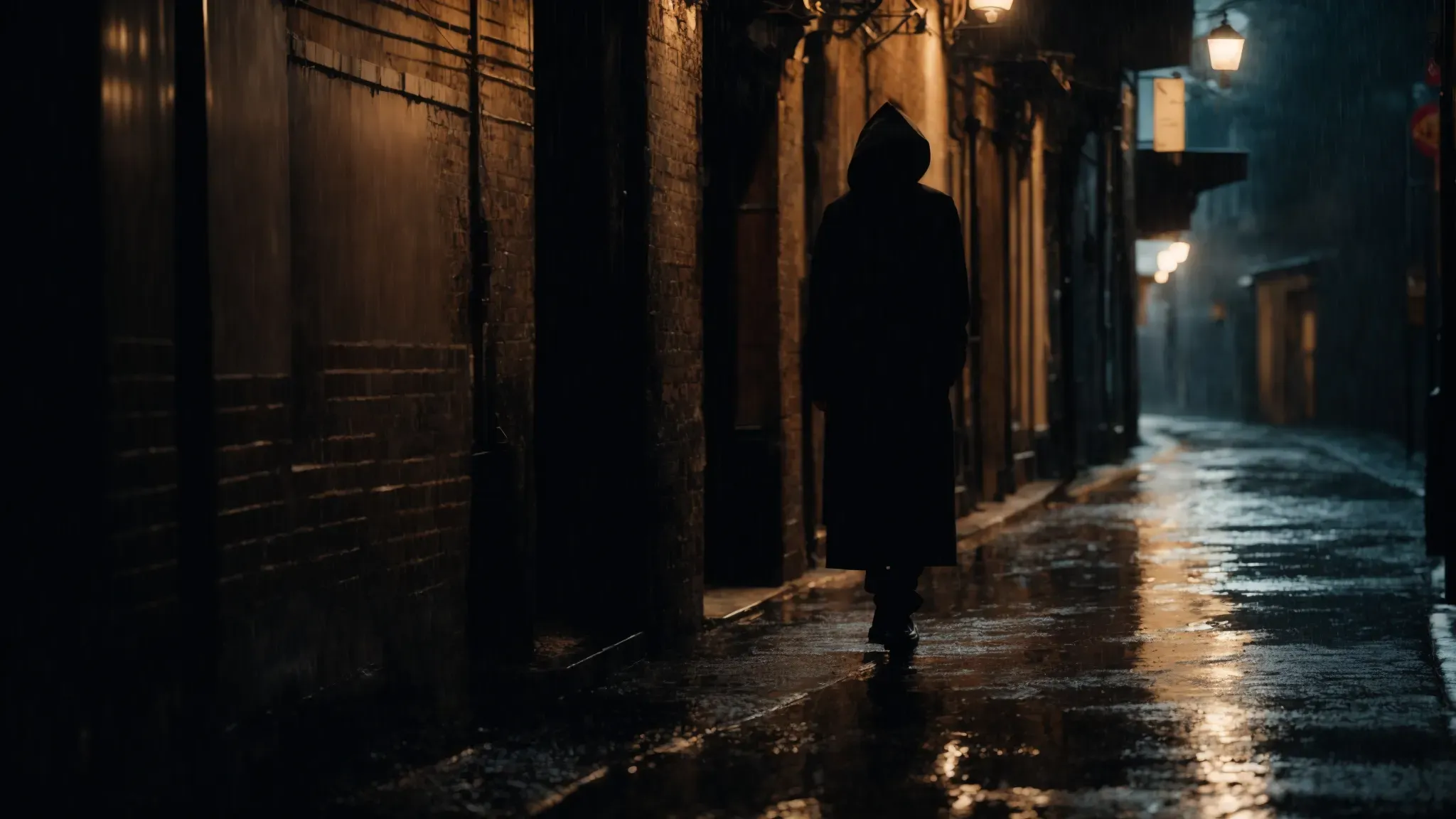 a mysterious figure casts a long shadow in a dimly lit, rain-slicked alleyway.