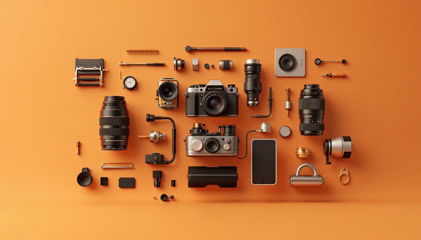 a vintage film reel beside a modern computer on a wooden desk, under soft lighting.